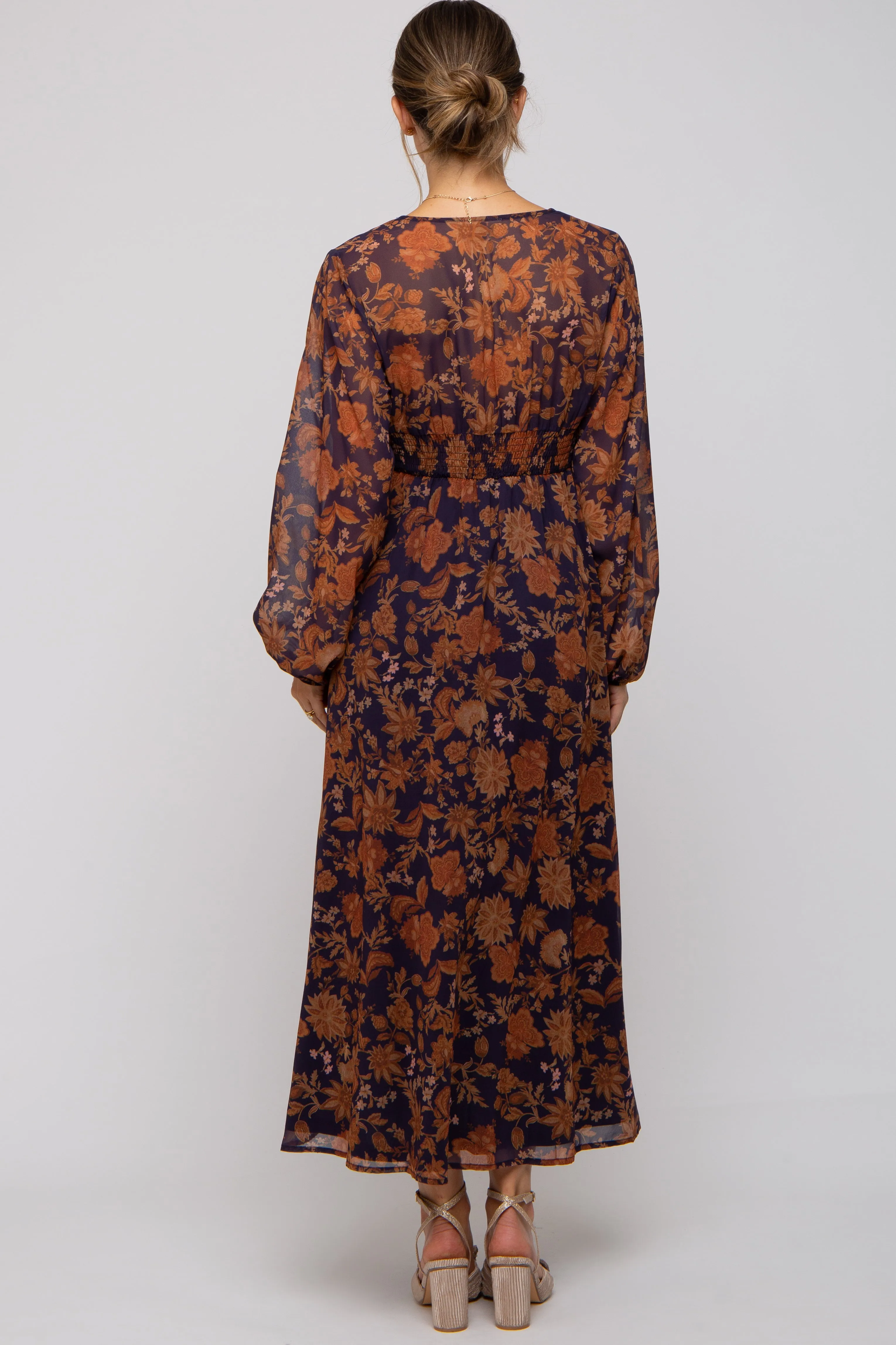 Navy Floral Long Sleeve V-Neck Maternity Maxi Dress sold by Pinkblush product image thumbnail 3