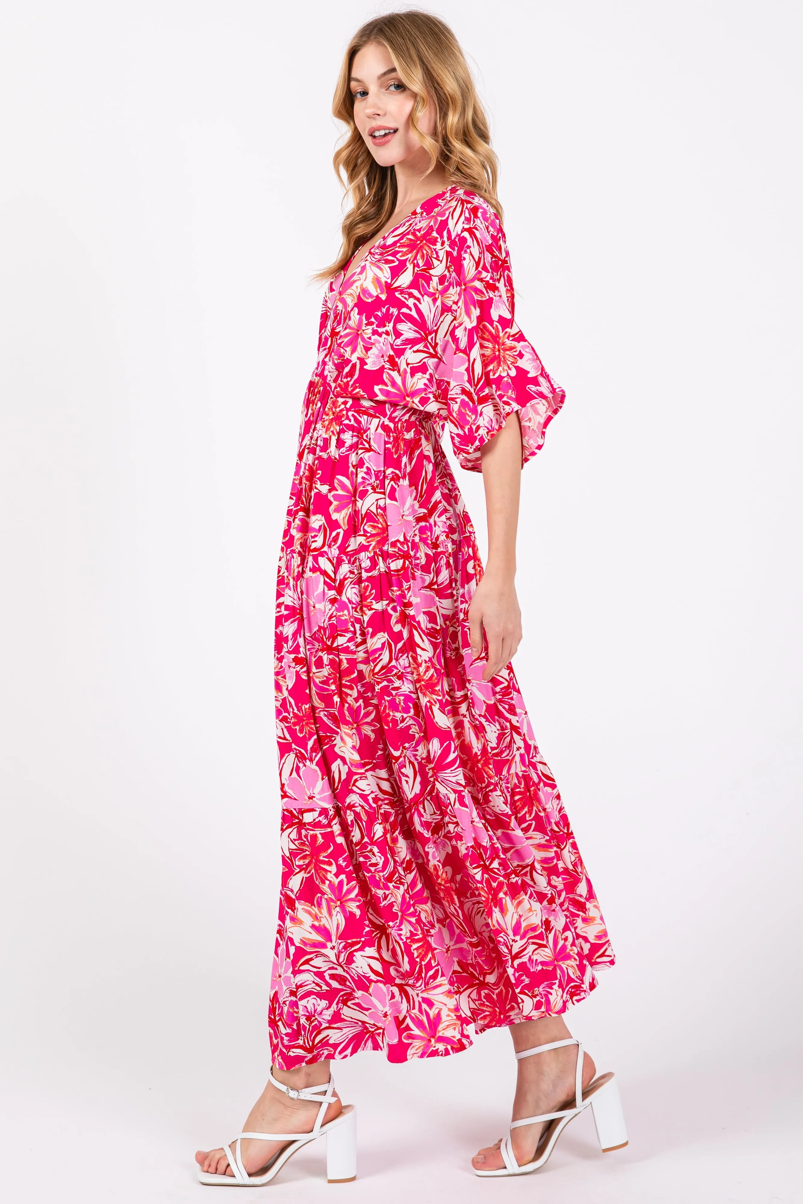 Fuchsia Floral Dolman Sleeve Tiered Maxi Dress sold by Pinkblush product image thumbnail 2