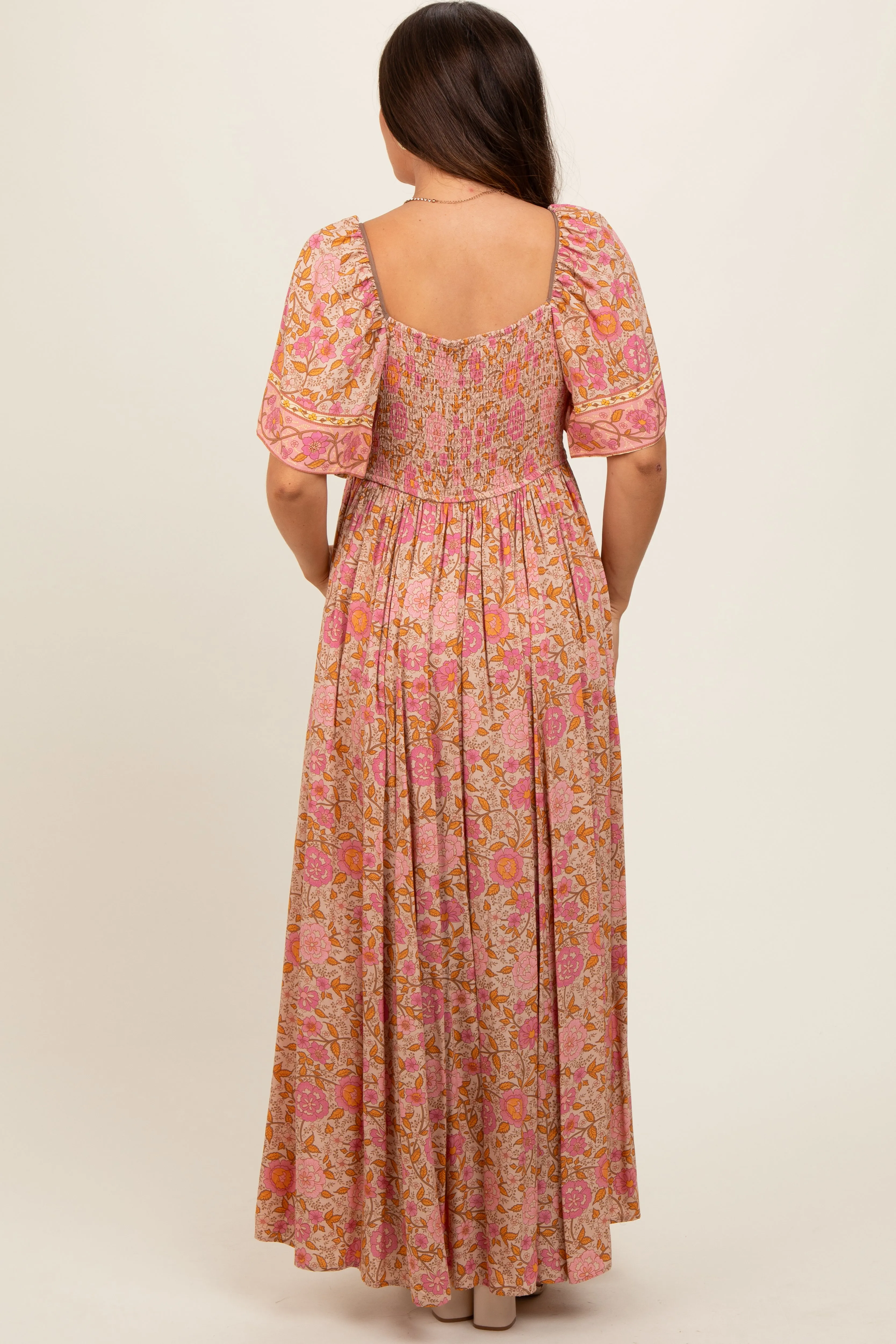 Pink Floral V-Neck Short Flutter Sleeve Maternity Maxi Dress sold by Pinkblush product image thumbnail 4