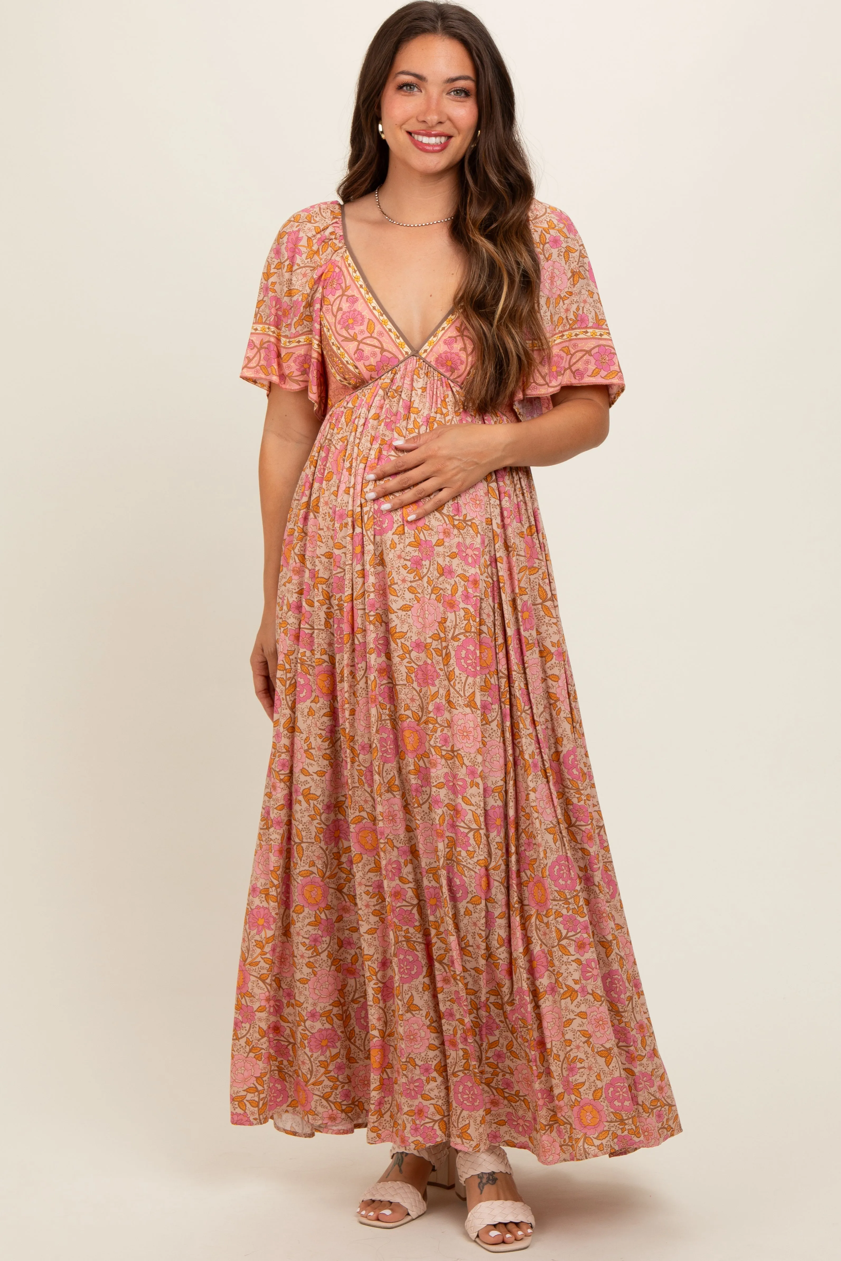 Pink Floral V-Neck Short Flutter Sleeve Maternity Maxi Dress sold by Pinkblush
