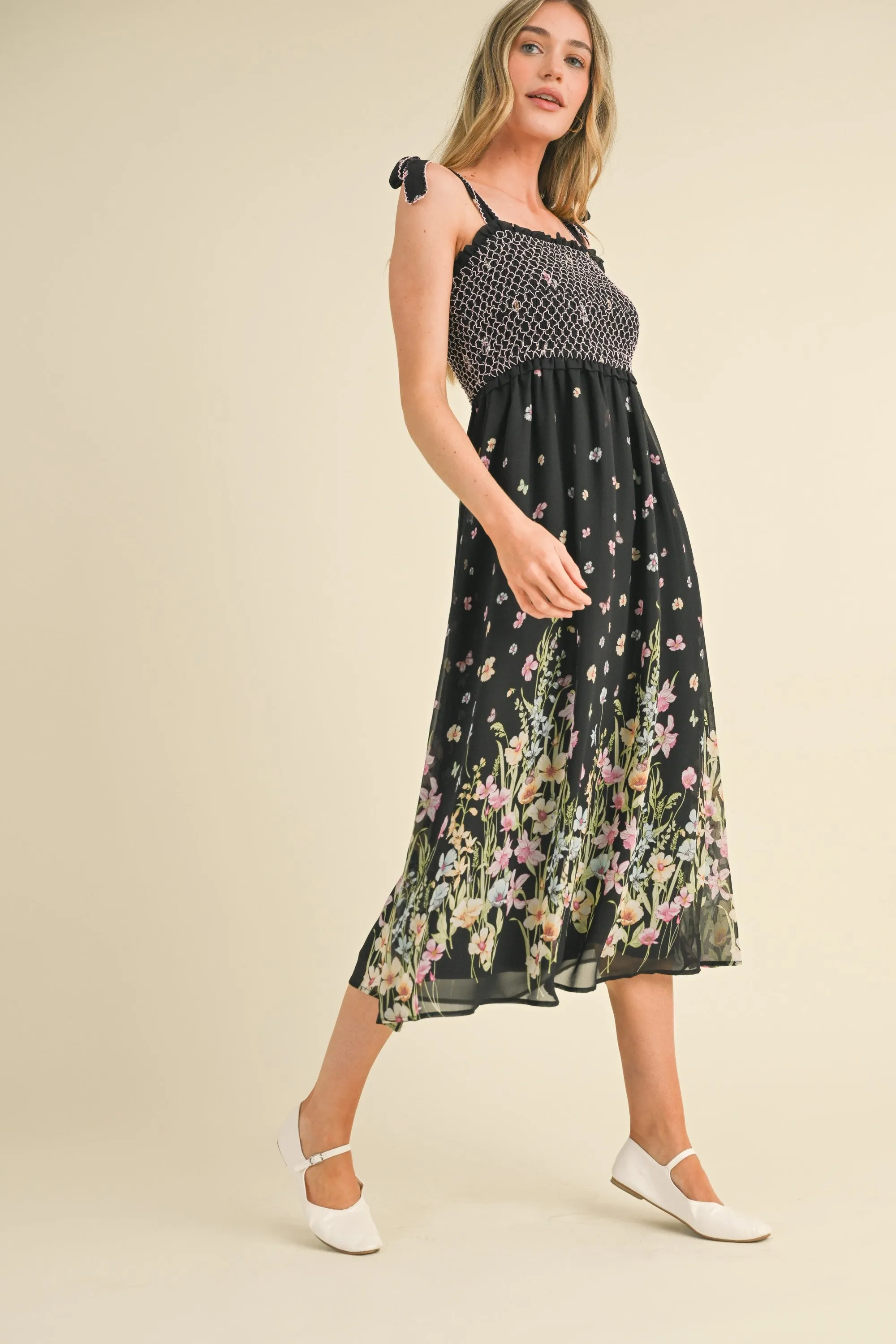 Black Multi Floral Contrast Thread Smocked Floral Midi Dress sold by Pinkblush product image thumbnail 2