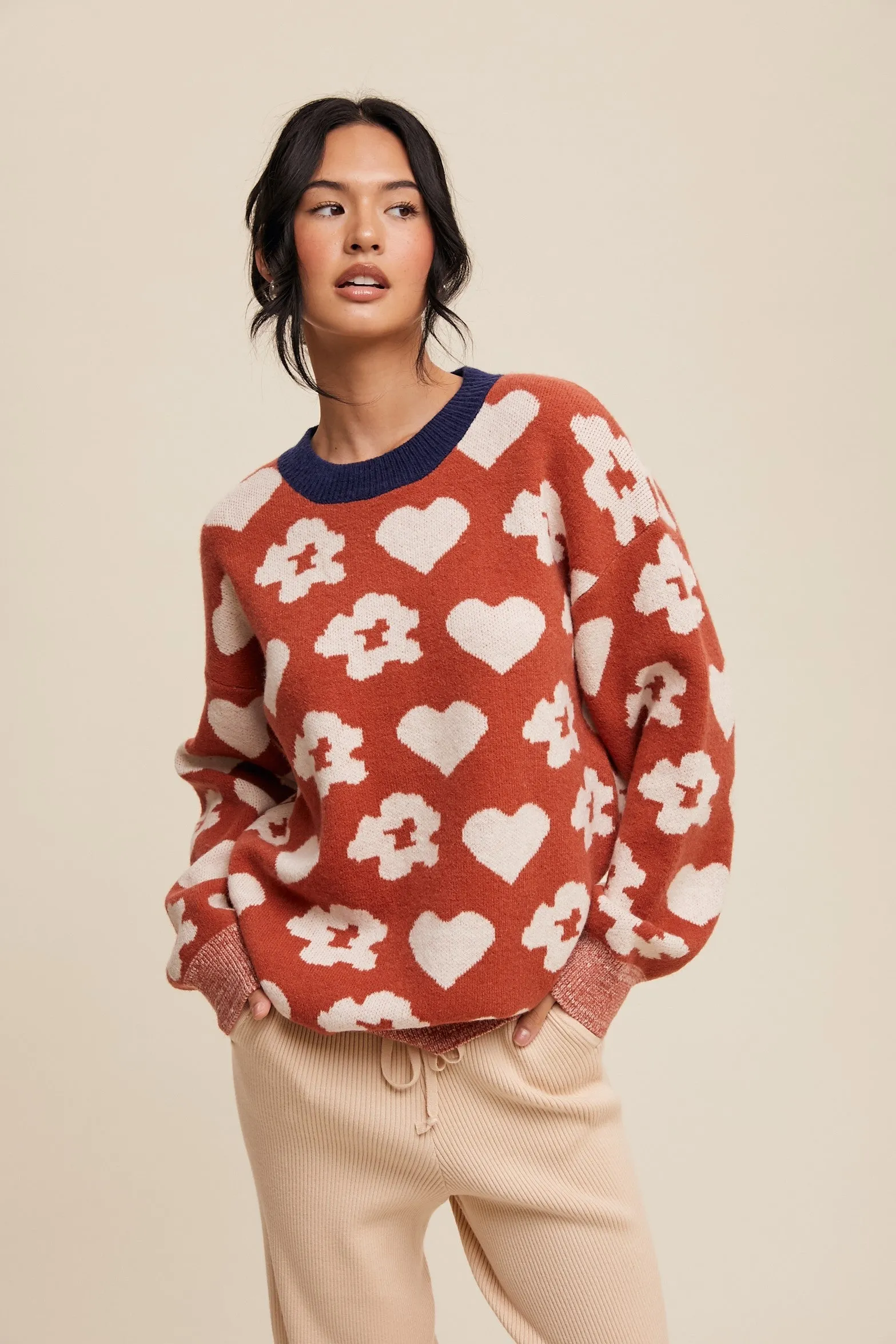 Rust Floral Heart Print Sweater sold by Pinkblush