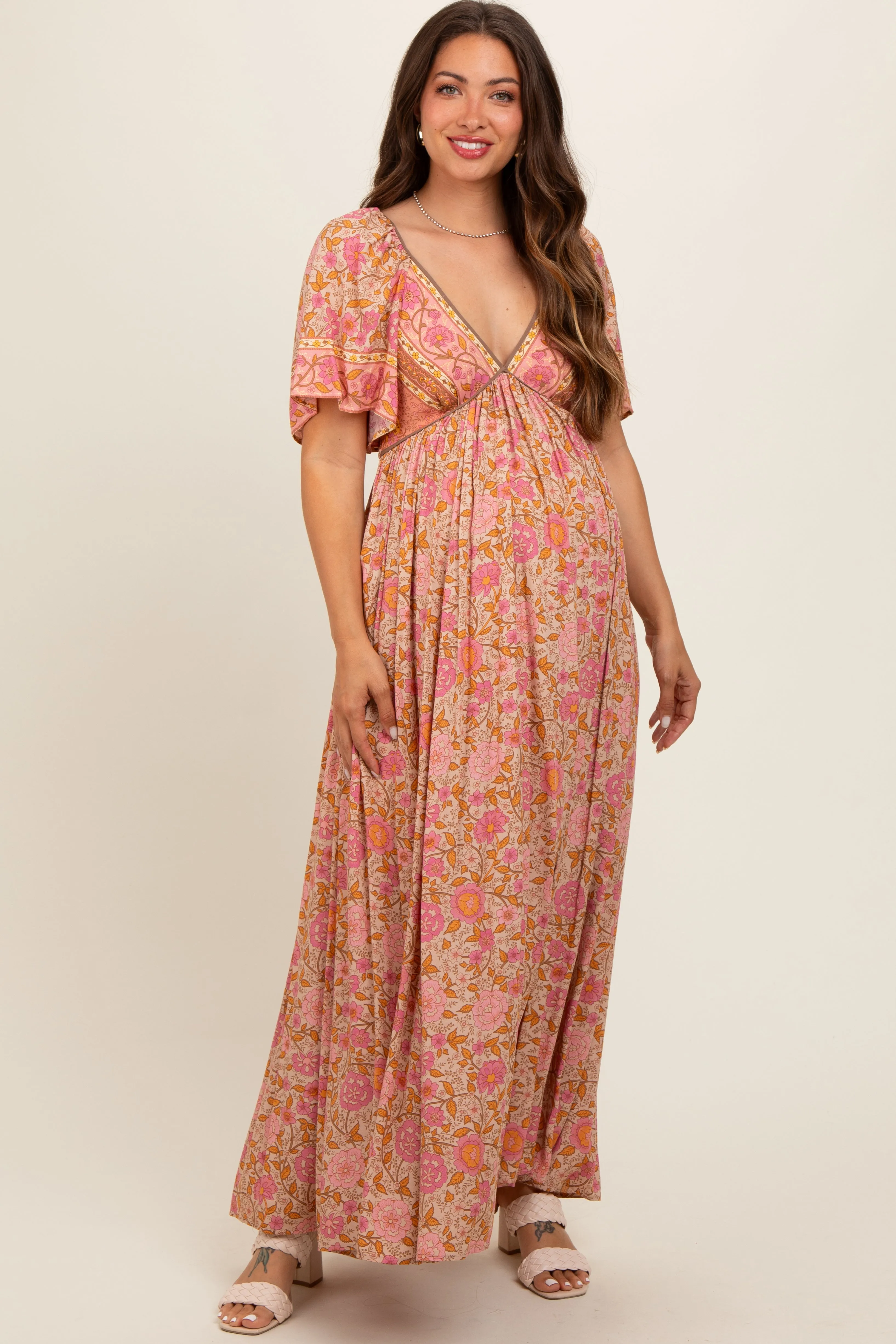 Pink Floral V-Neck Short Flutter Sleeve Maternity Maxi Dress sold by Pinkblush product image thumbnail 2