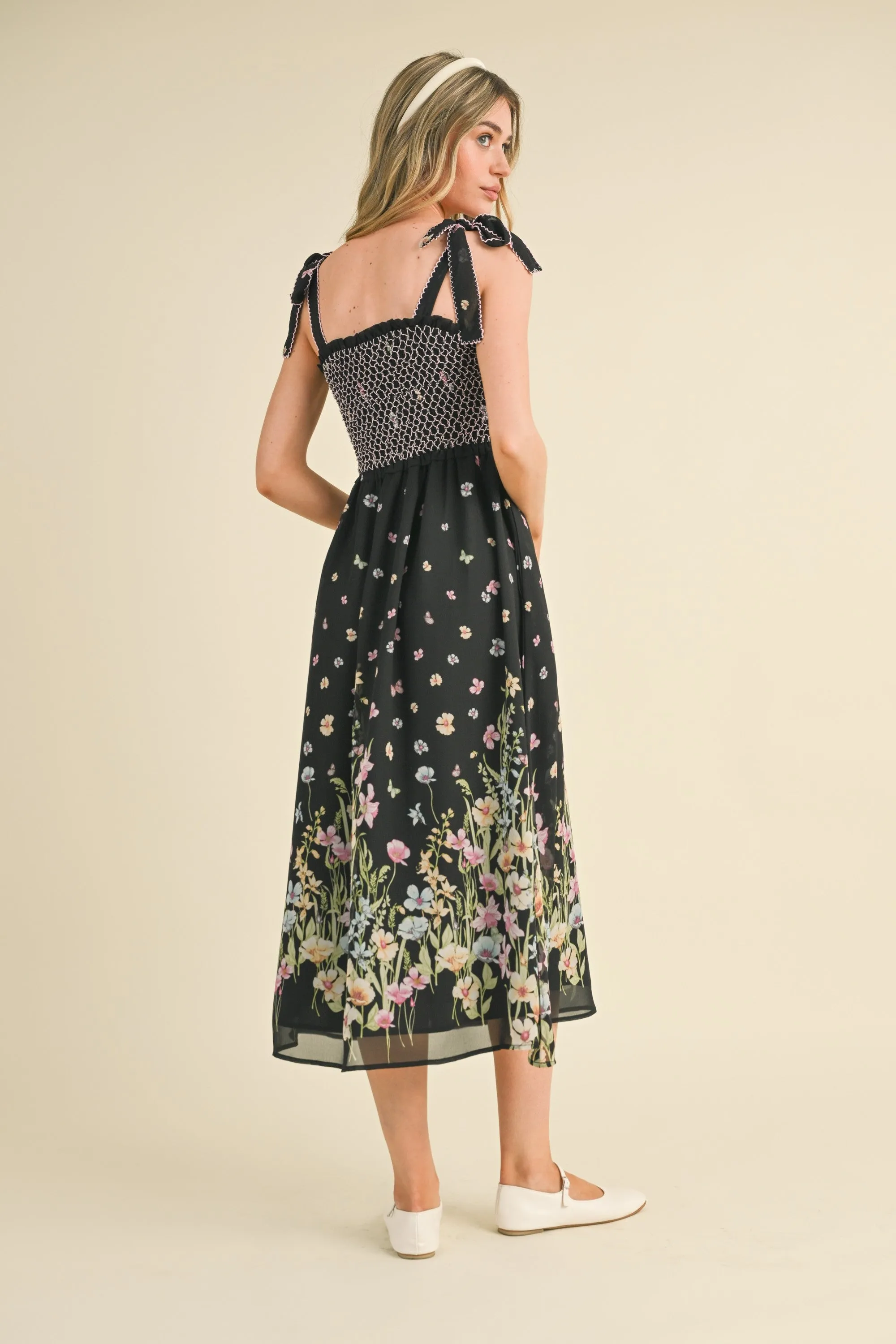 Black Multi Floral Contrast Thread Smocked Floral Midi Dress sold by Pinkblush product image thumbnail 3
