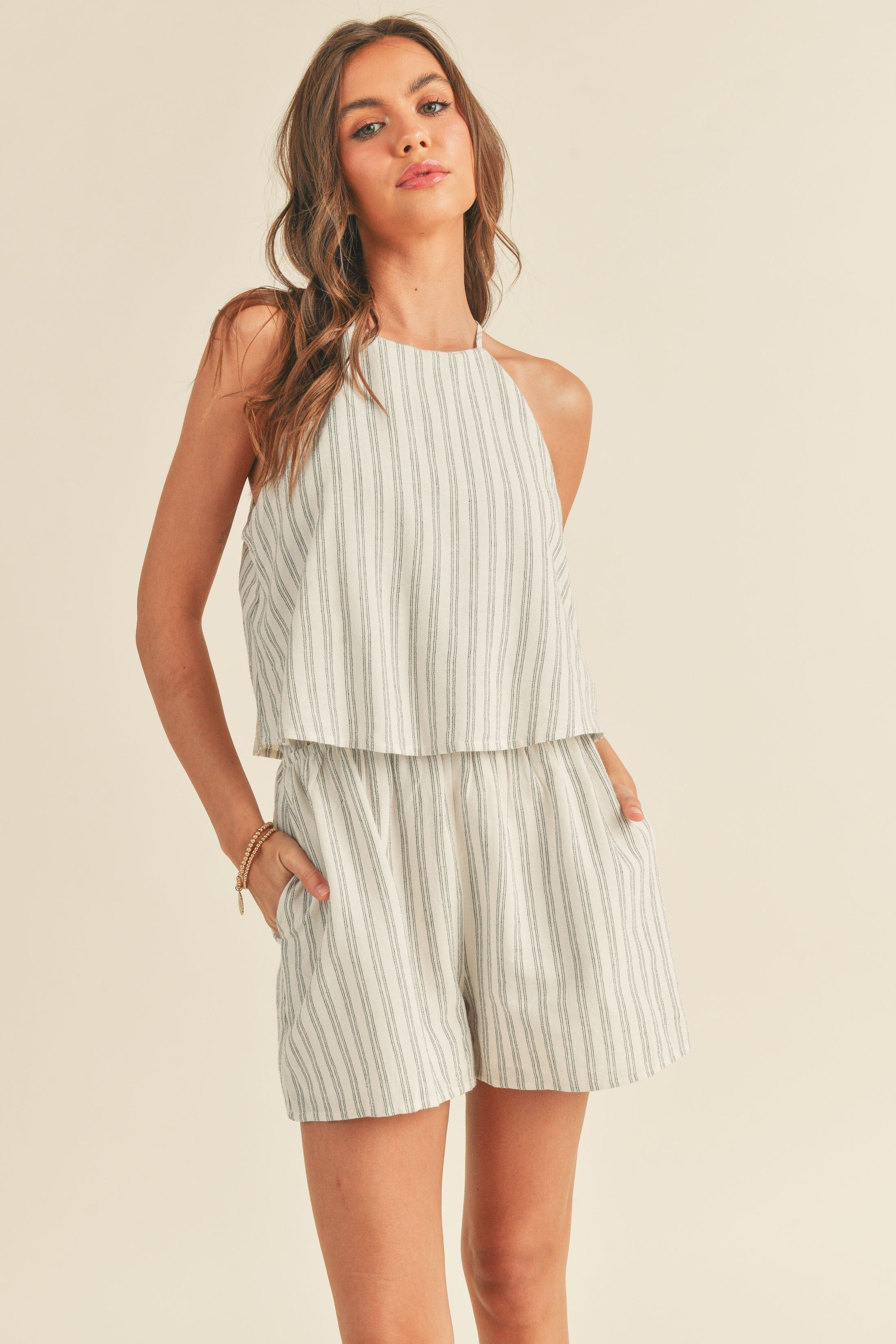 White Striped Pattern Top Overlap Romper sold by Pinkblush