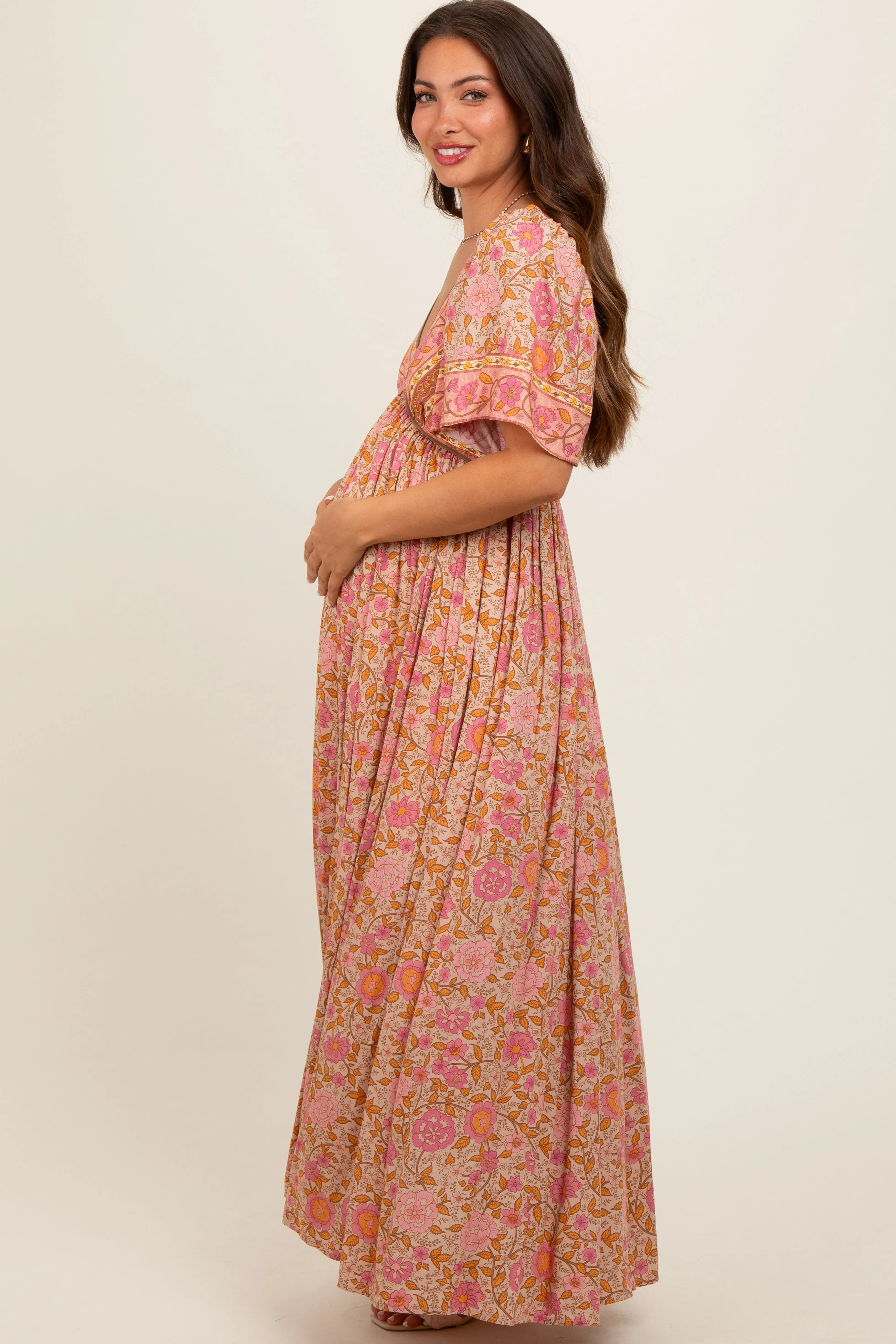 Pink Floral V-Neck Short Flutter Sleeve Maternity Maxi Dress sold by Pinkblush product image thumbnail 3