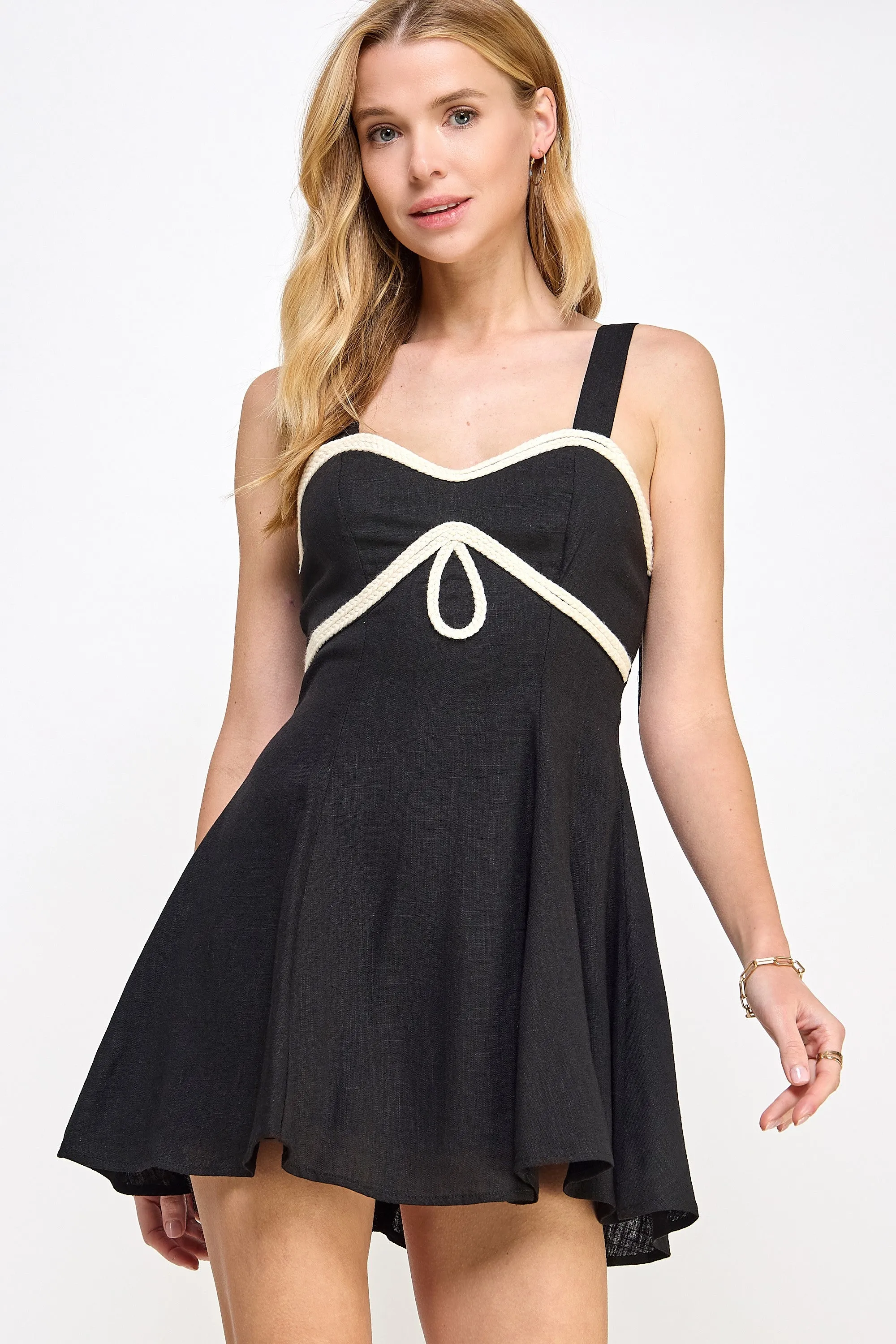 Black Braid Trim Detail Linen Mini Dress sold by Pinkblush