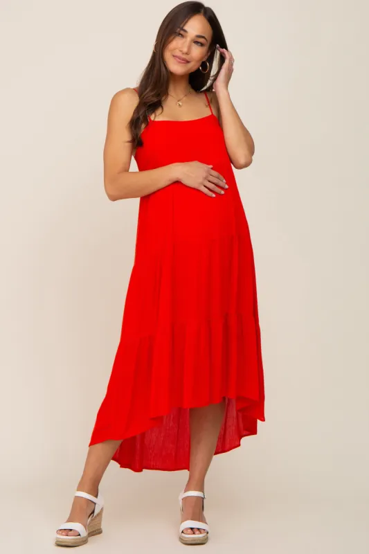 Red Square Neck Tiered Hi-Low Maternity Midi Dress made by Pinkblush