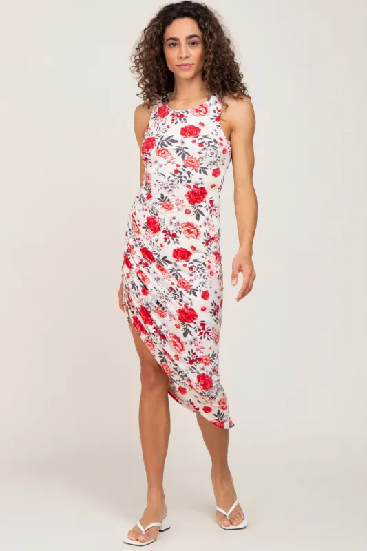 Ivory Floral Ruched Asymmetrical Midi Dress sold by Pinkblush