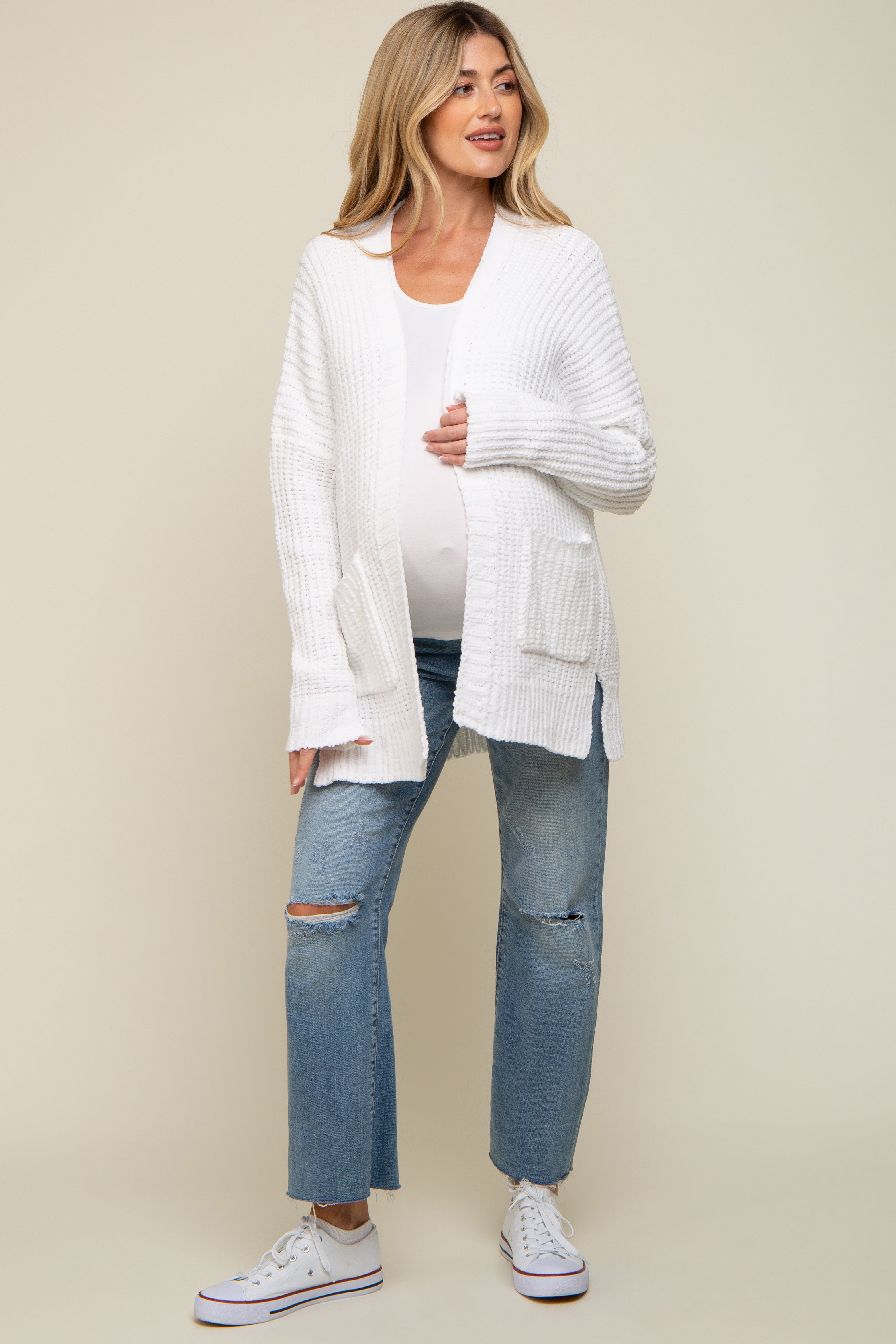 White Brushed Chenille Knit Maternity Cardigan sold by Pinkblush product image thumbnail 5