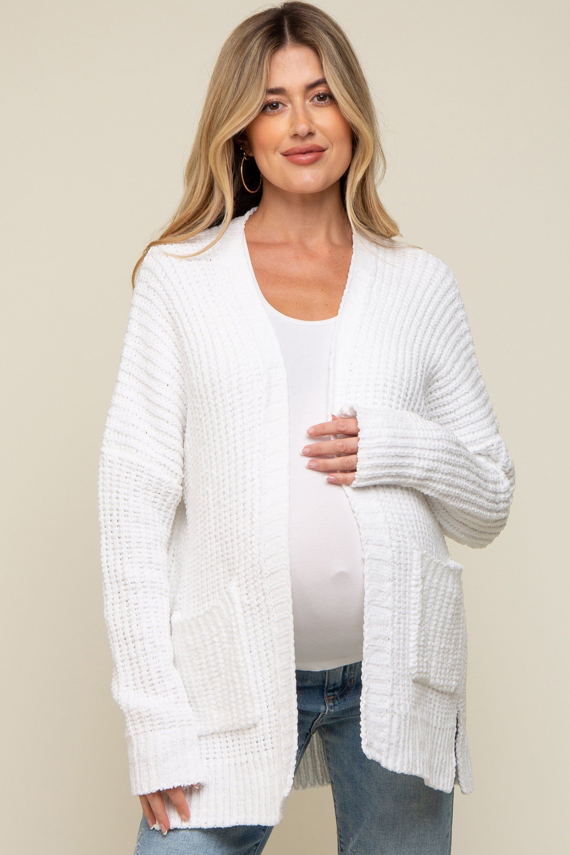 White Brushed Chenille Knit Maternity Cardigan sold by Pinkblush product image thumbnail 2