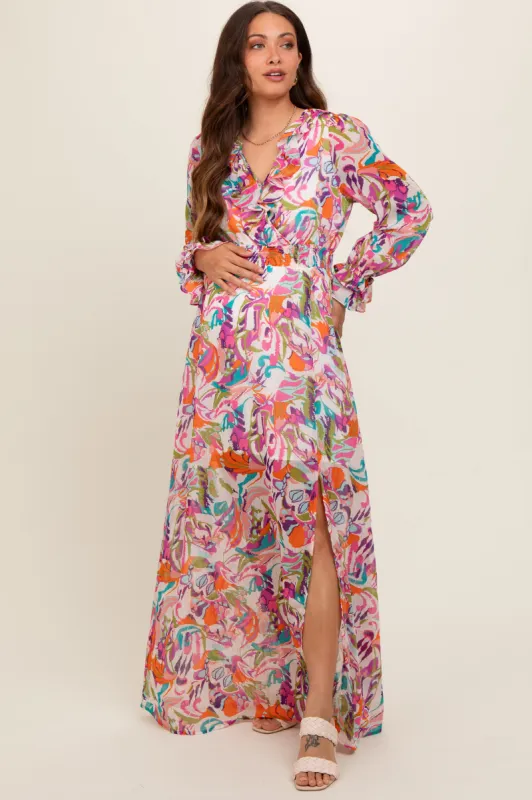Pink Print Ruffle Long Sleeve Maternity Maxi Dress sold by Pinkblush