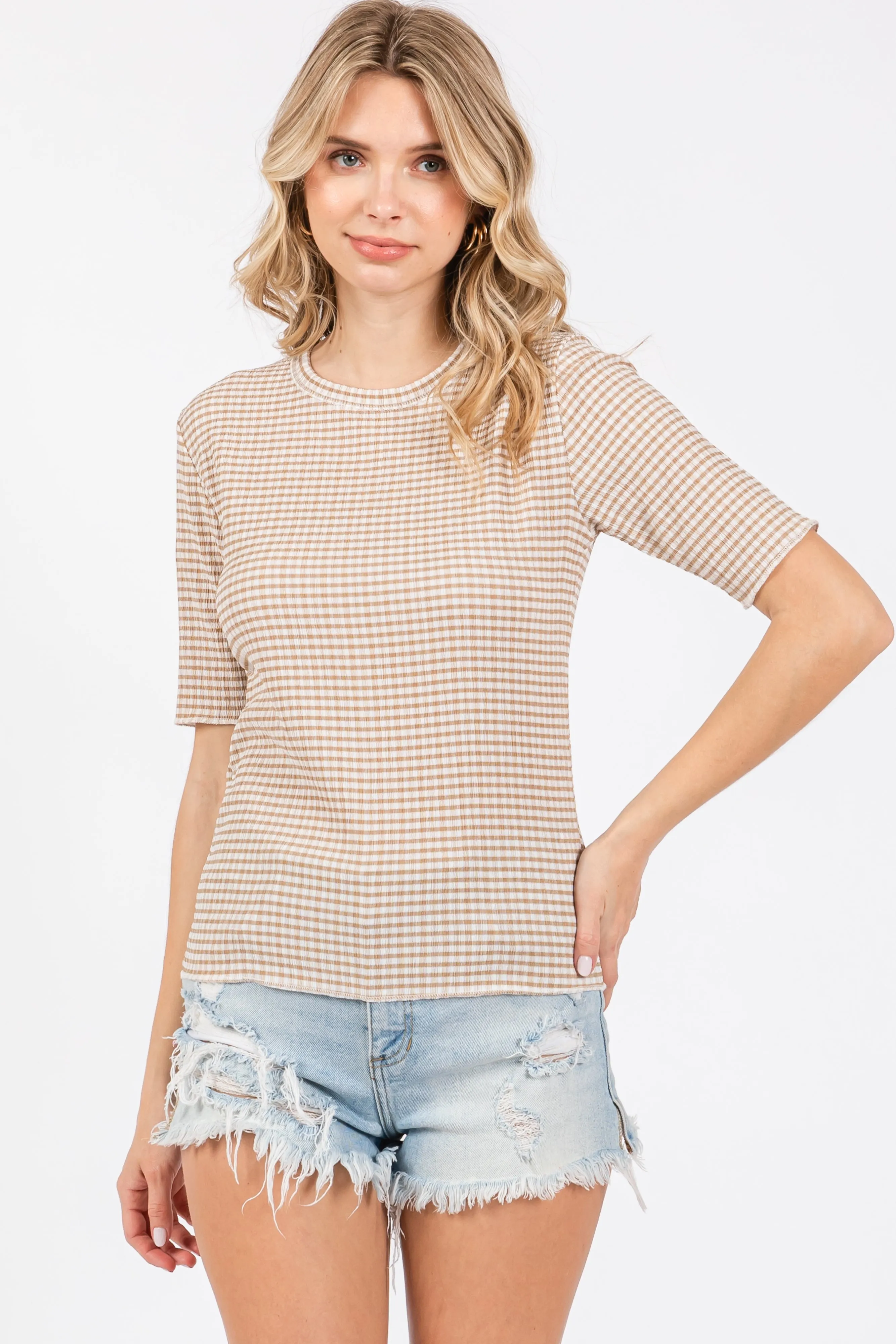 Taupe Striped Short Sleeve Maternity Top sold by Pinkblush product image thumbnail 4