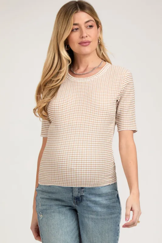 Taupe Striped Short Sleeve Maternity Top sold by Pinkblush