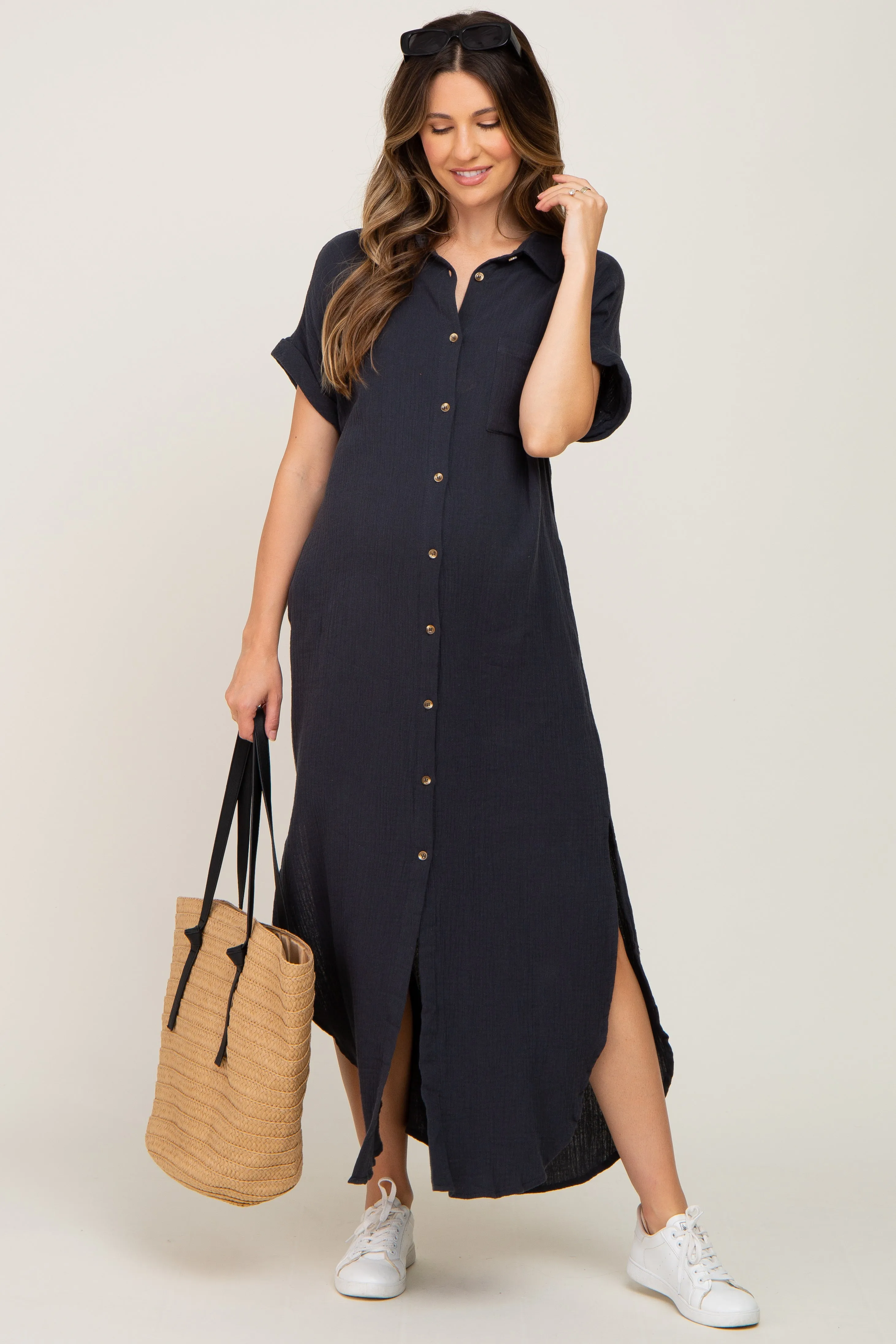 Charcoal Button Down Maternity Midi Dress sold by Pinkblush product image thumbnail 4