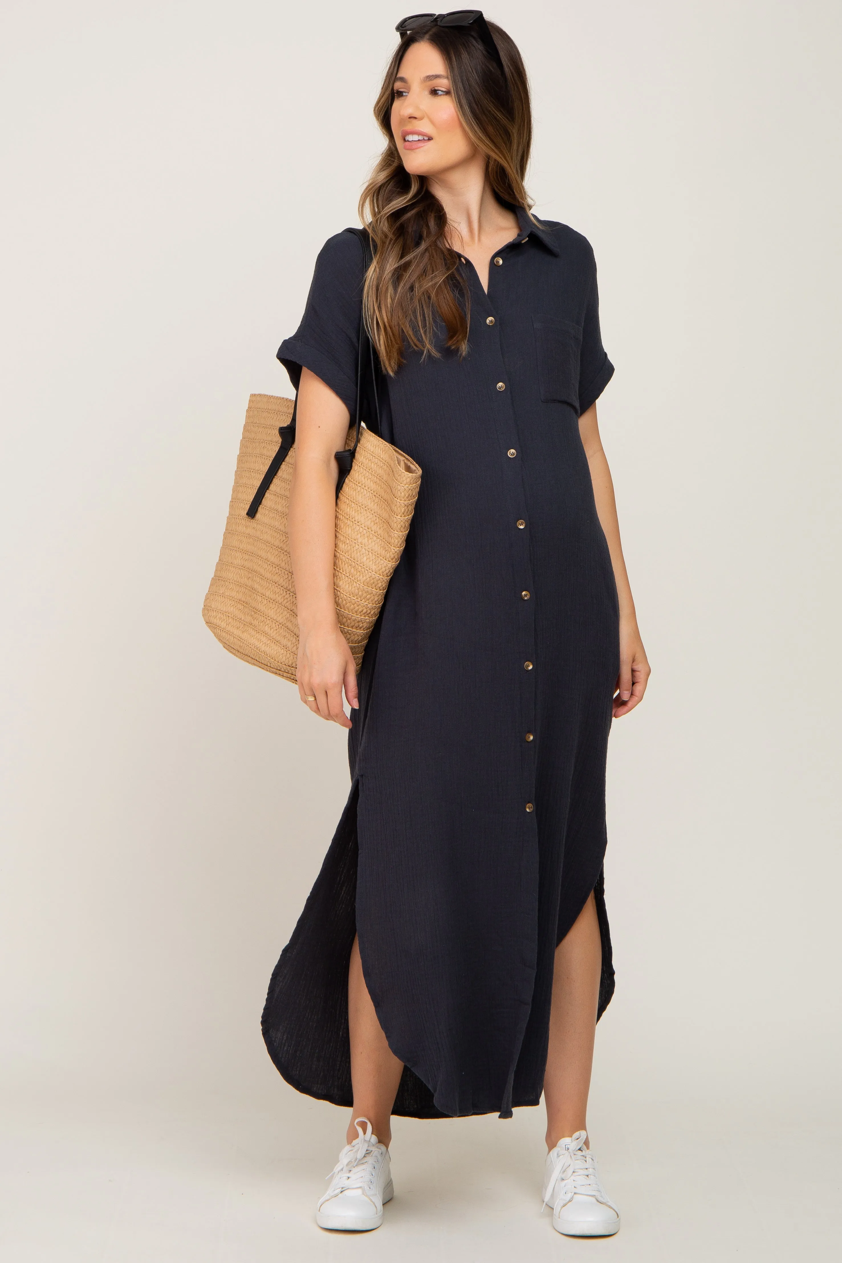 Charcoal Button Down Maternity Midi Dress sold by Pinkblush