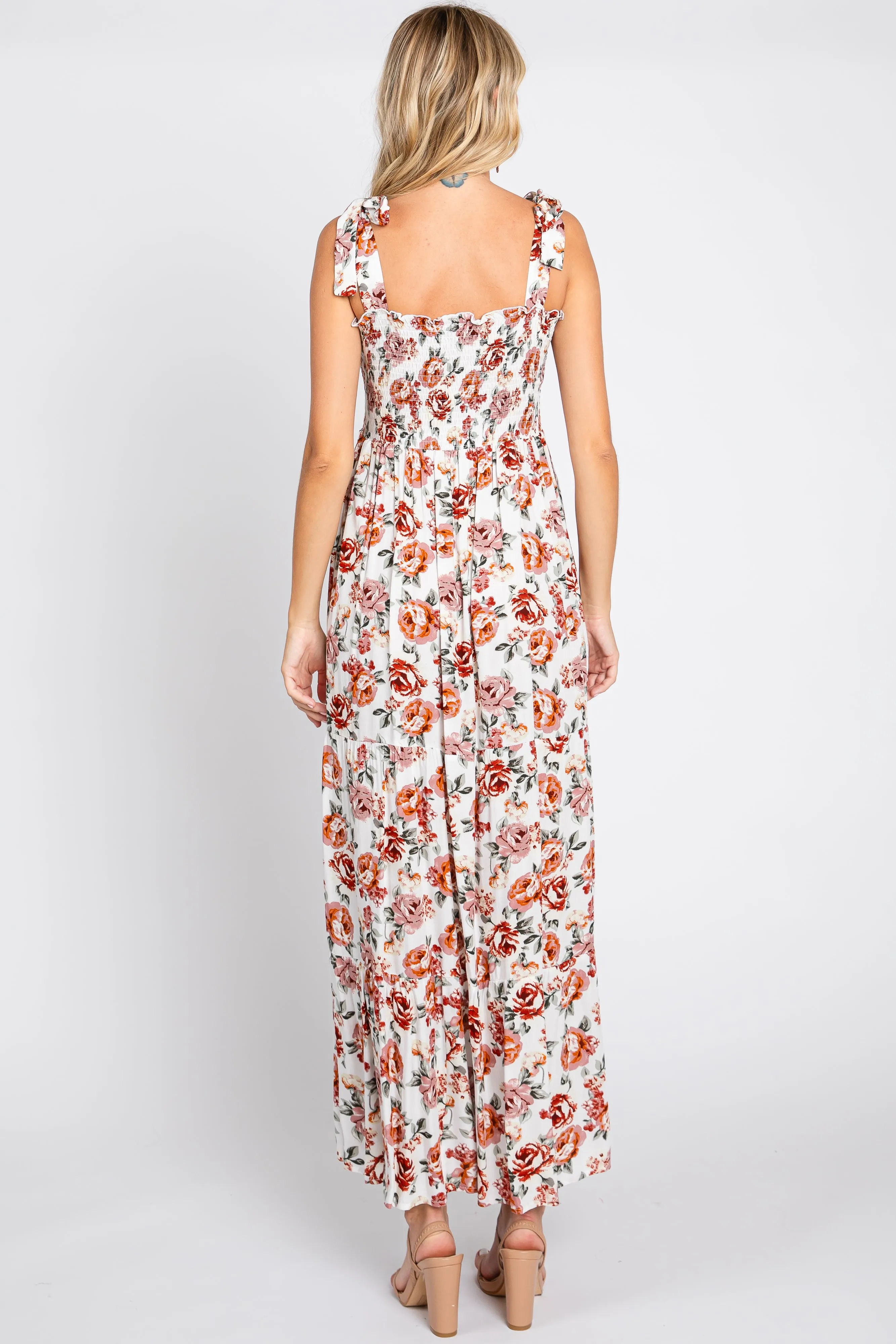 Cream Floral Smocked Shoulder Tie Tiered Maxi Dress sold by Pinkblush product image thumbnail 3