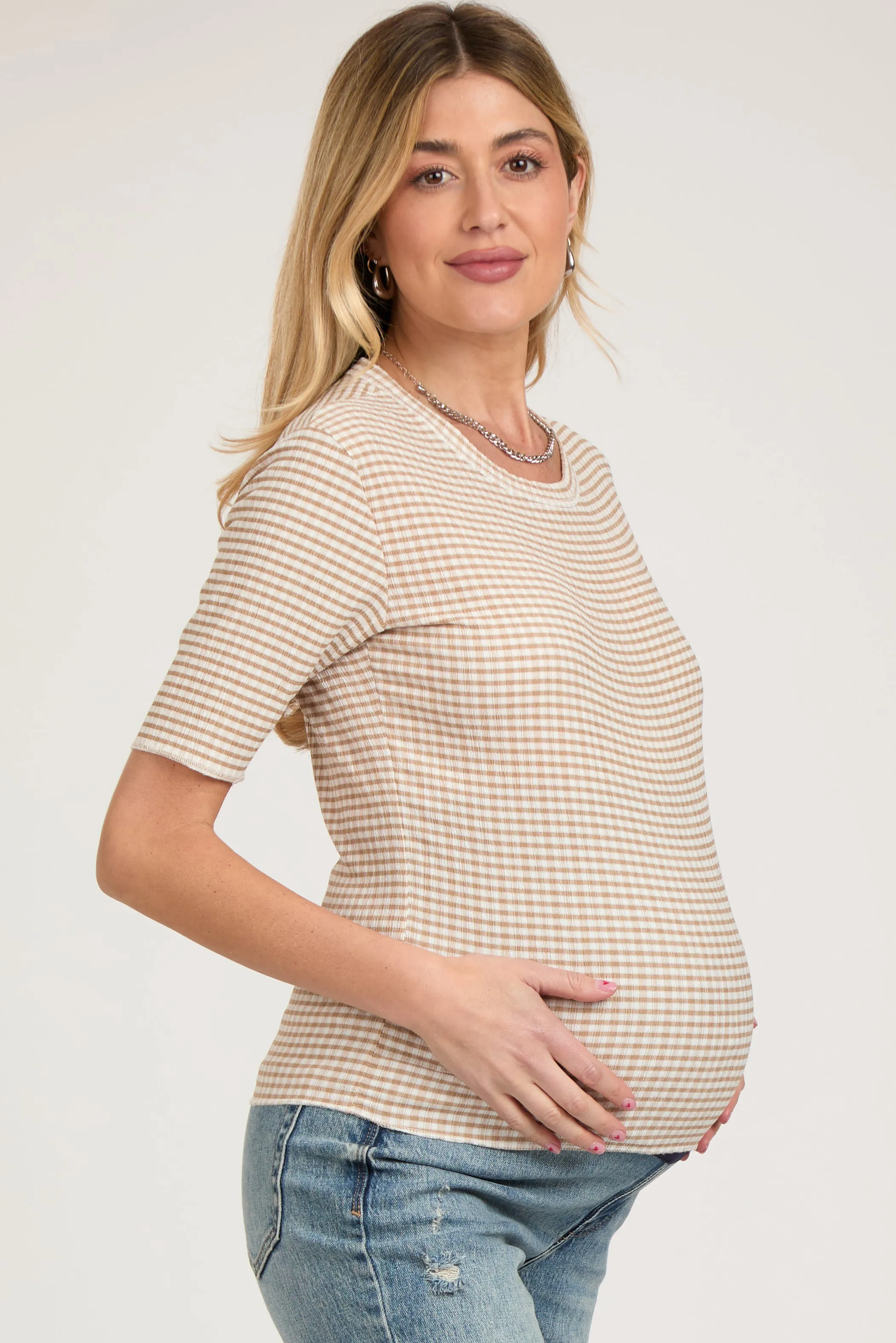 Taupe Striped Short Sleeve Maternity Top sold by Pinkblush product image thumbnail 2