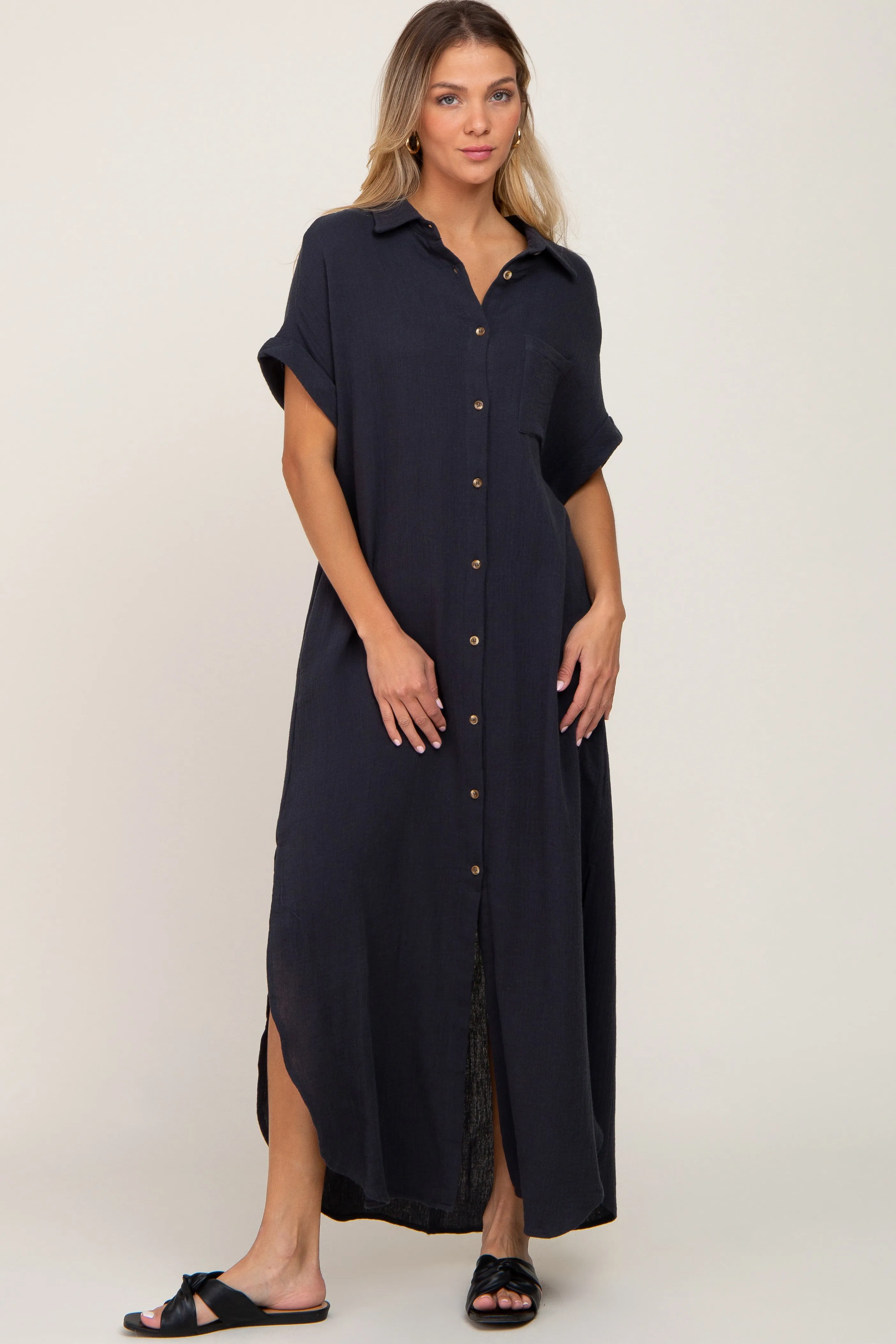 Charcoal Button Down Maternity Midi Dress sold by Pinkblush product image thumbnail 5