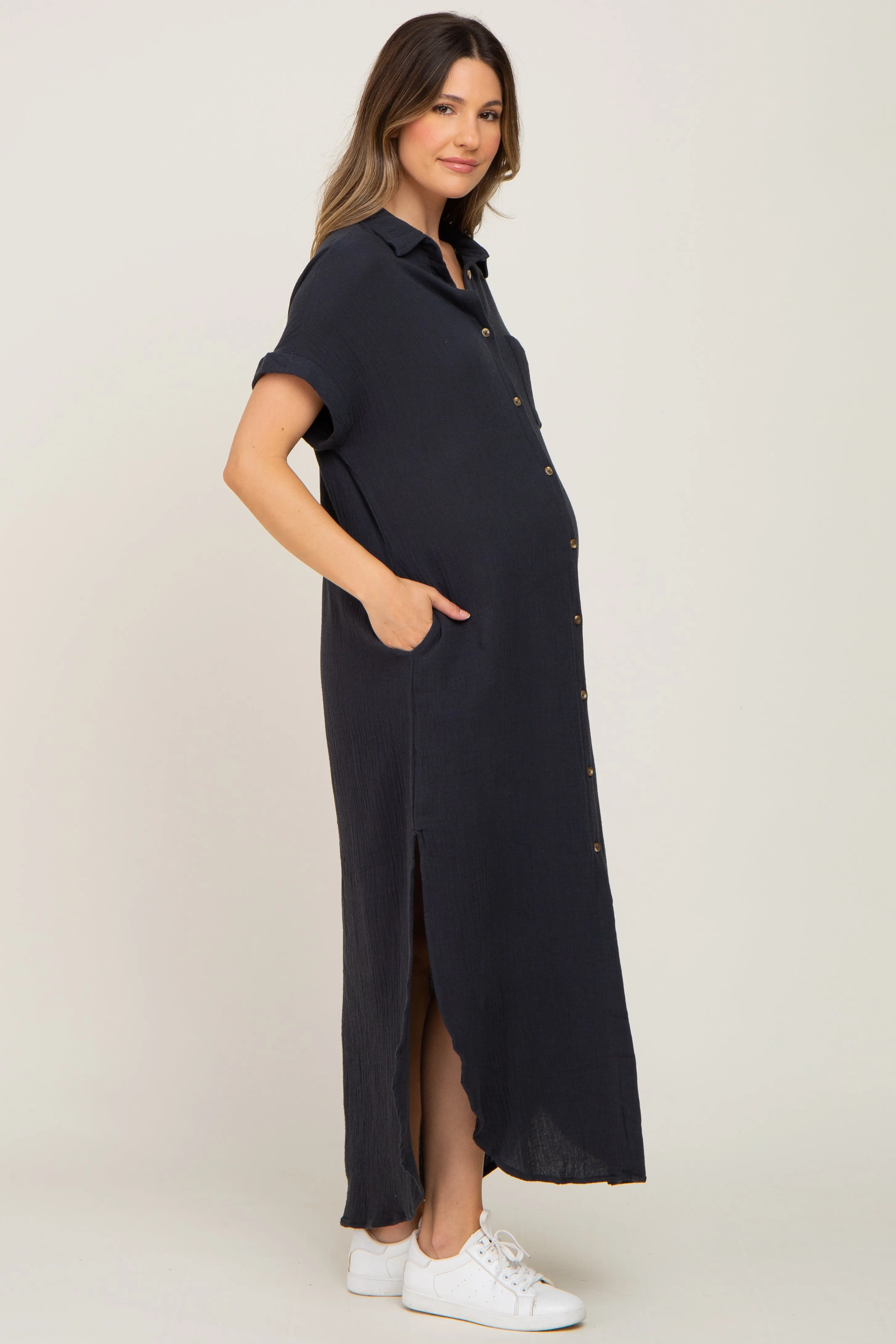 Charcoal Button Down Maternity Midi Dress sold by Pinkblush product image thumbnail 2