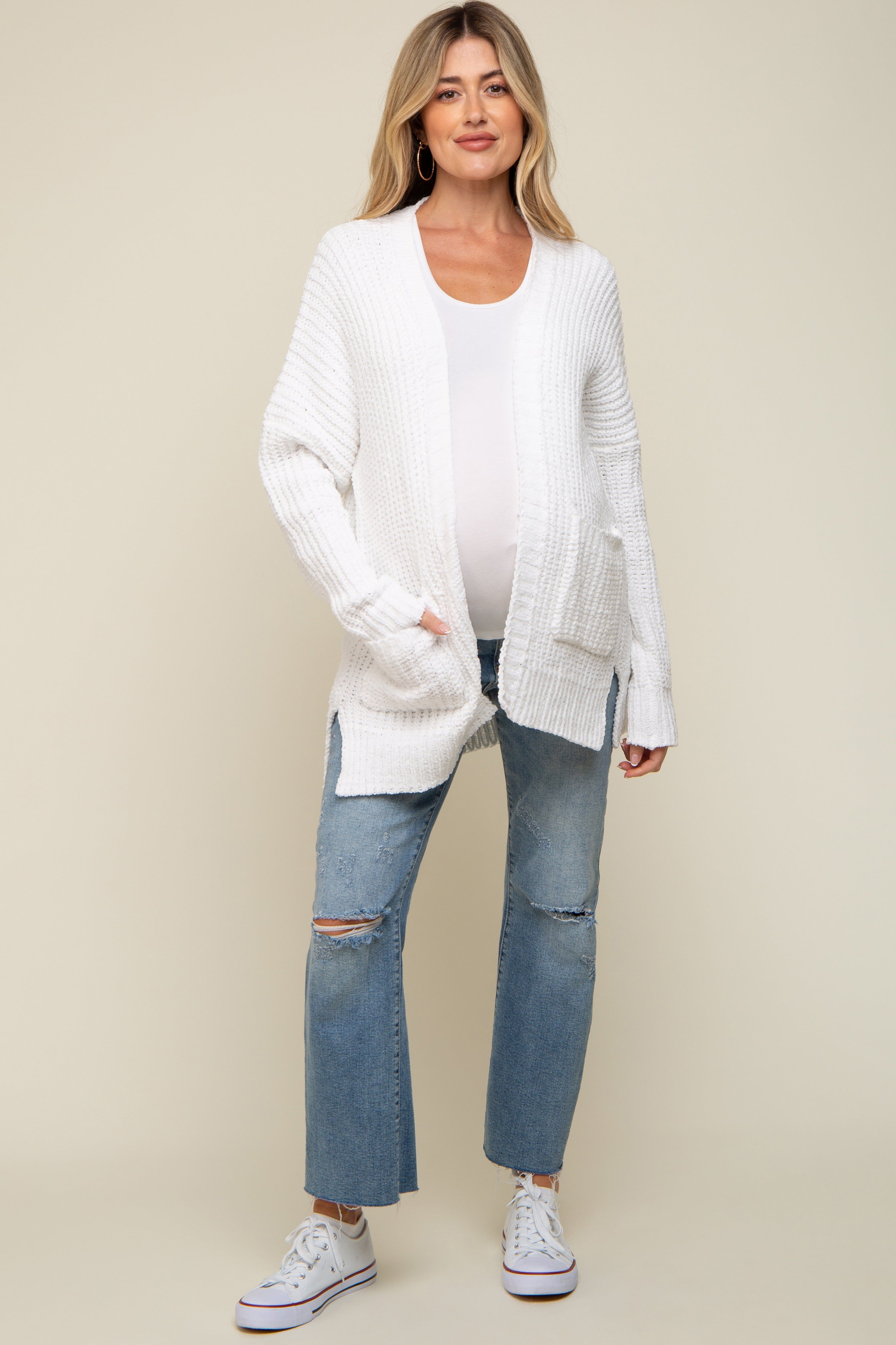 White Brushed Chenille Knit Maternity Cardigan sold by Pinkblush