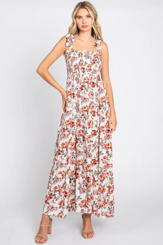 Cream Floral Smocked Shoulder Tie Tiered Maxi Dress sold by Pinkblush
