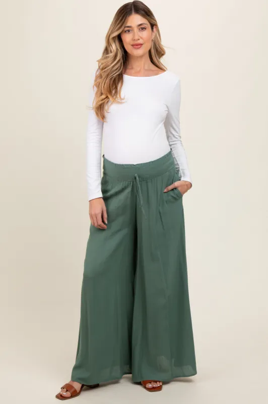 Olive Wide Leg Smocked Lightweight Maternity Pants sold by Pinkblush