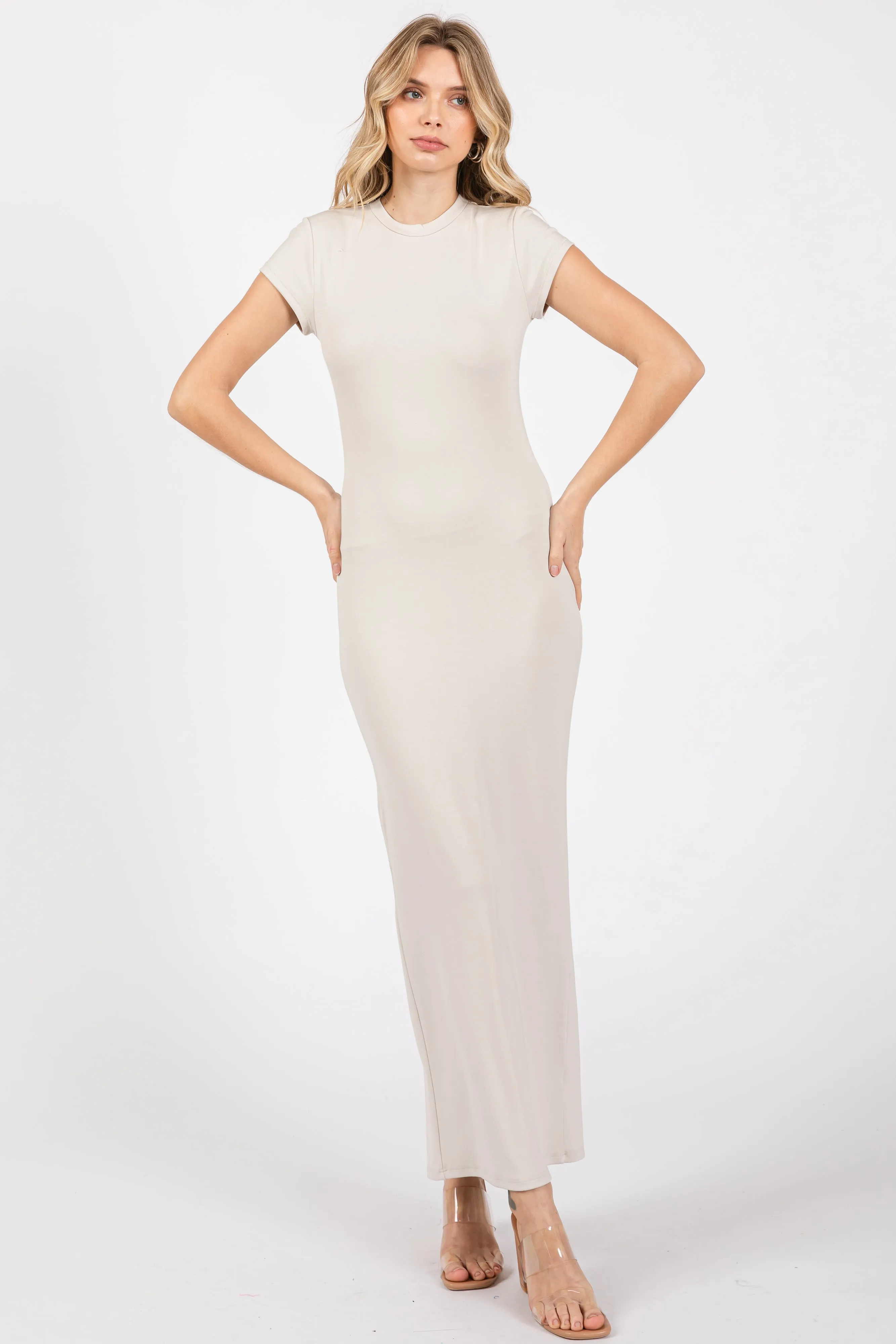 Cream Fitted Short Sleeve Maternity Maxi Dress sold by Pinkblush product image thumbnail 4