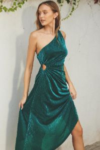 Teal Pearlie One Shoulder Asymmetrical Midi Dress sold by Pinkblush
