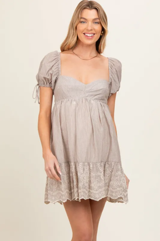 Beige Striped Floral Eyelet Maternity Mini Dress sold by Pinkblush