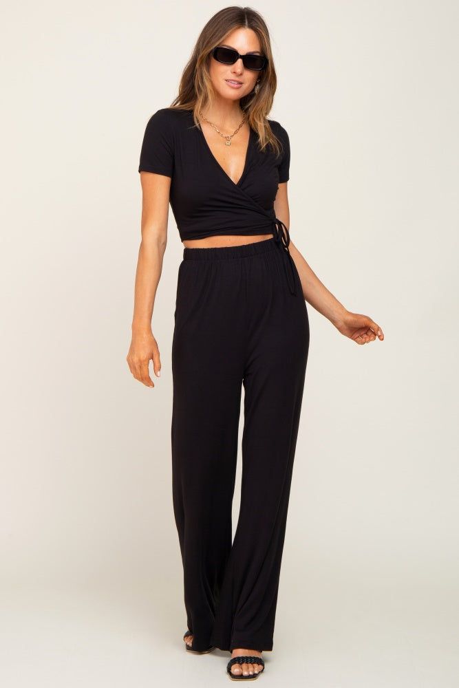 Black Wrap Crop Top and Wide Leg Pant Set sold by Pinkblush product image thumbnail 6