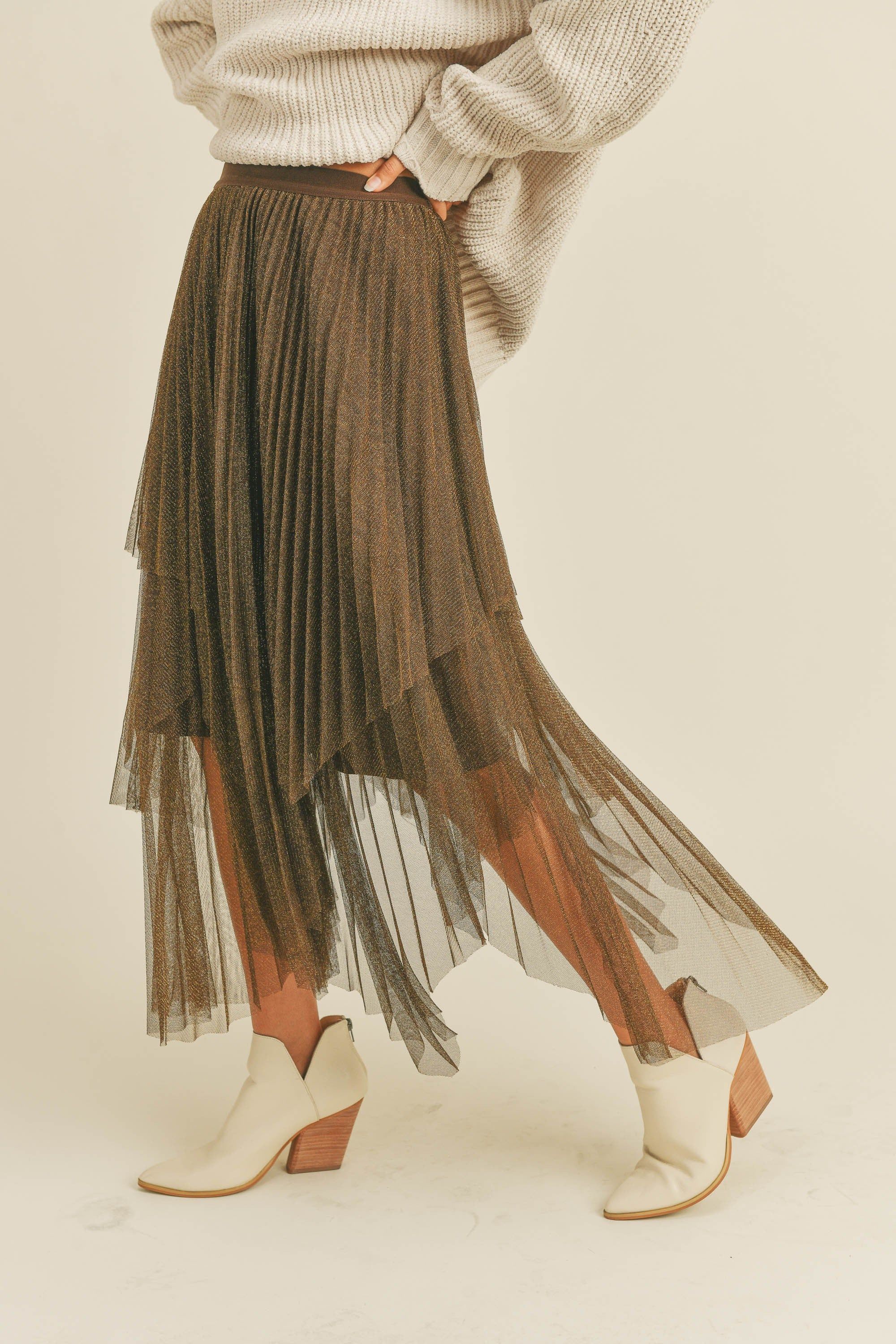 Bronze Metallic Mesh Pleated Skirt sold by Pinkblush product image thumbnail 3
