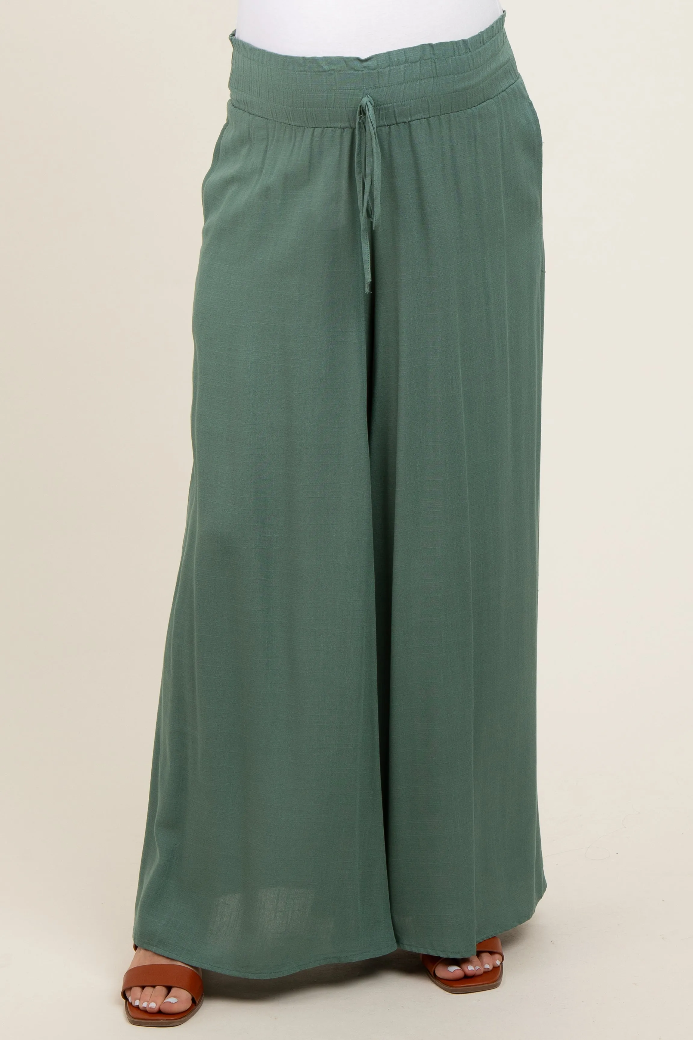 Olive Wide Leg Smocked Lightweight Maternity Pants sold by Pinkblush product image thumbnail 2