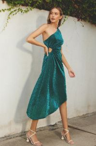 Teal Pearlie One Shoulder Asymmetrical Midi Dress sold by Pinkblush
