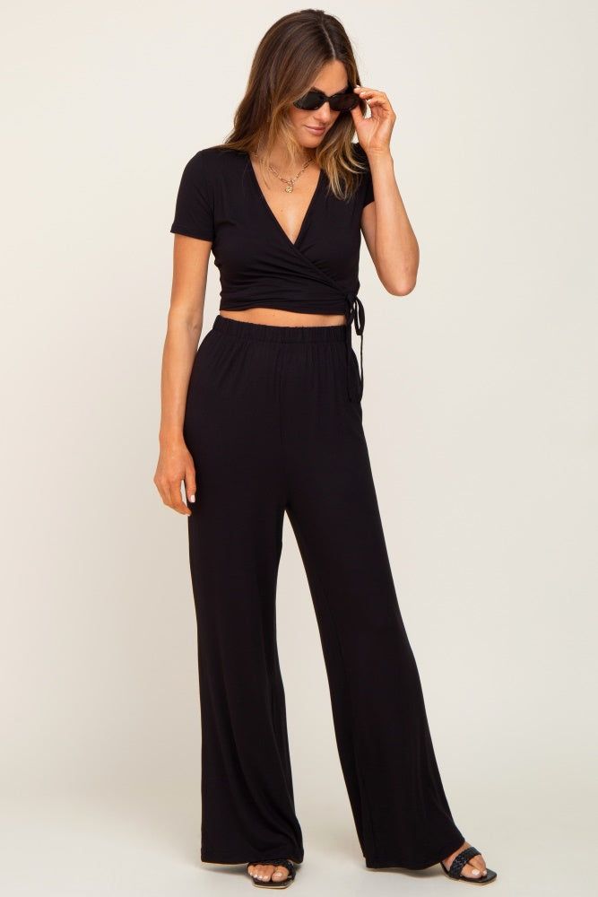 Black Wrap Crop Top and Wide Leg Pant Set sold by Pinkblush product image thumbnail 4