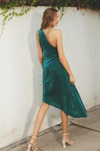 Teal Pearlie One Shoulder Asymmetrical Midi Dress sold by Pinkblush