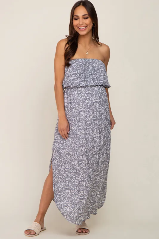 Grey Floral Strapless Hi-Lo Maternity Midi Dress sold by Pinkblush