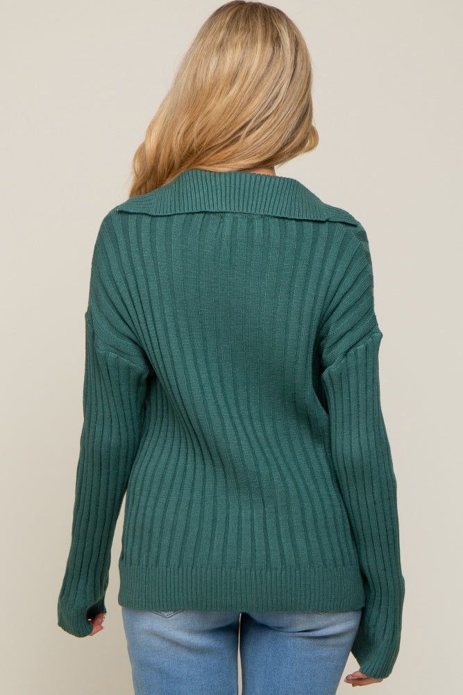 Hunter Green Ribbed Knit Collared Long Sleeve Maternity Top sold by Pinkblush product image thumbnail 3
