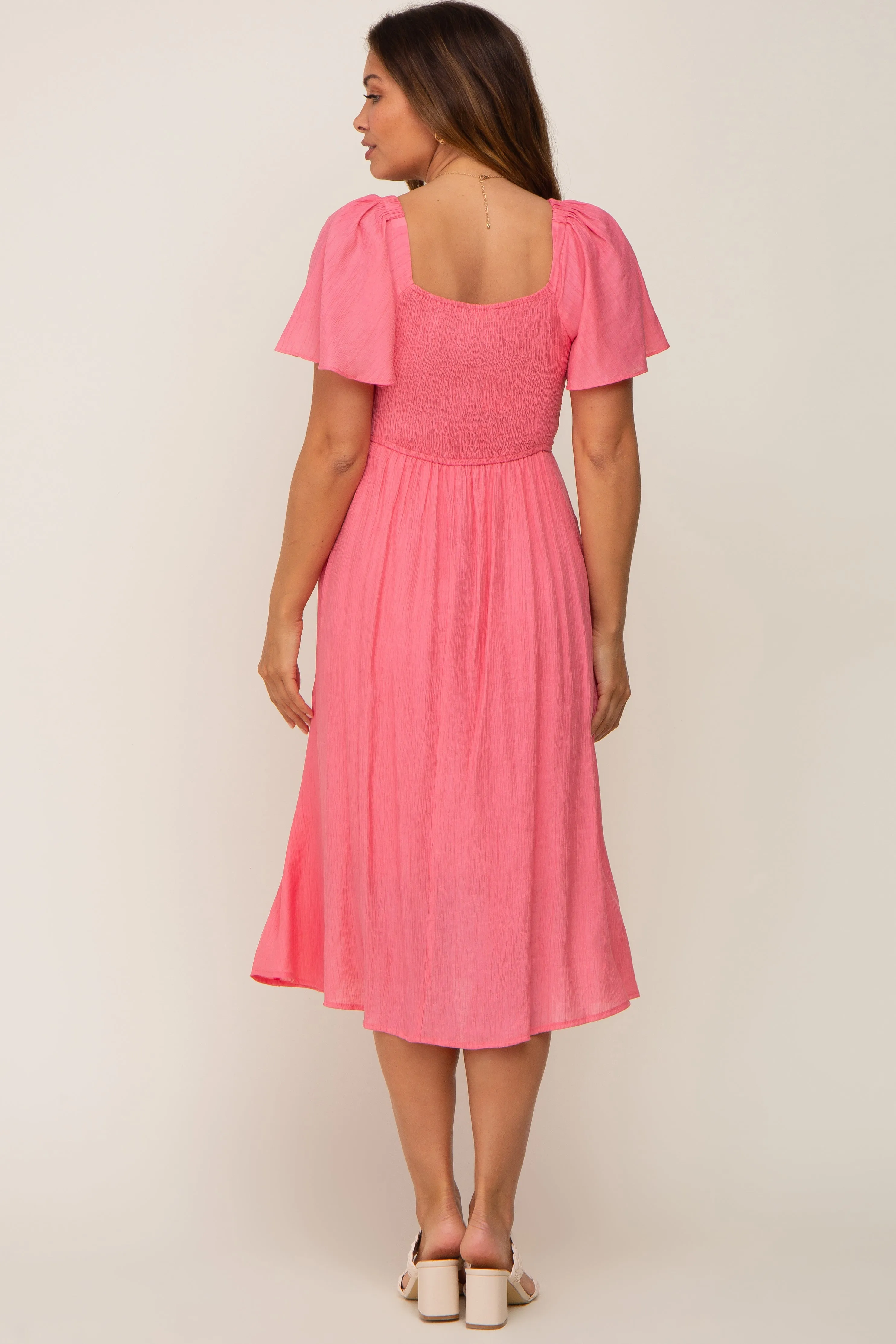 Coral Smocked Square Neck Flutter Short Sleeve Maternity Midi Dress sold by Pinkblush product image thumbnail 3