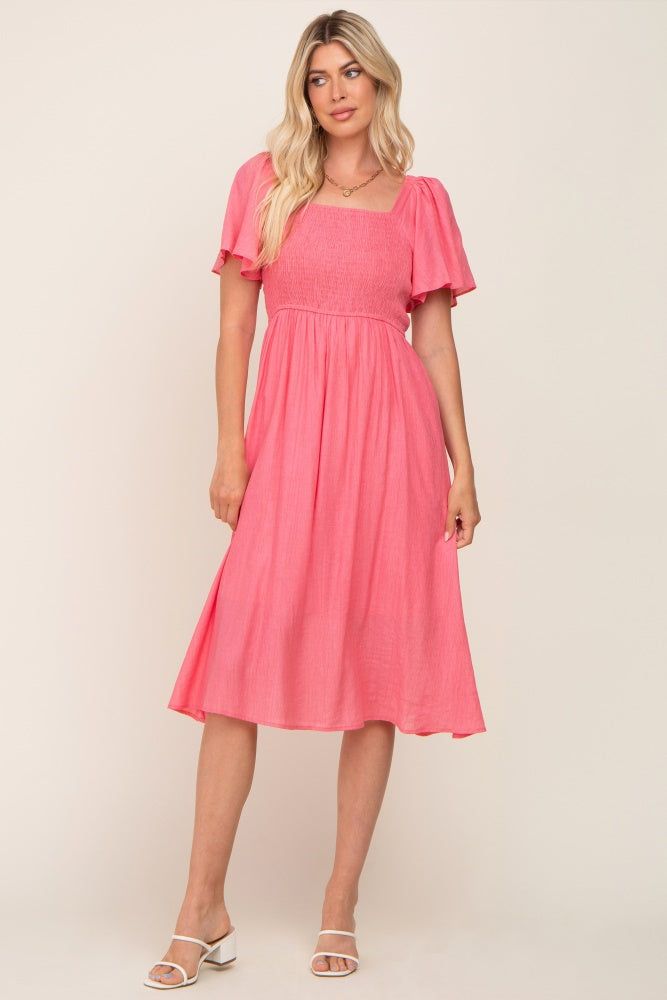 Coral Smocked Square Neck Flutter Short Sleeve Maternity Midi Dress sold by Pinkblush product image thumbnail 5