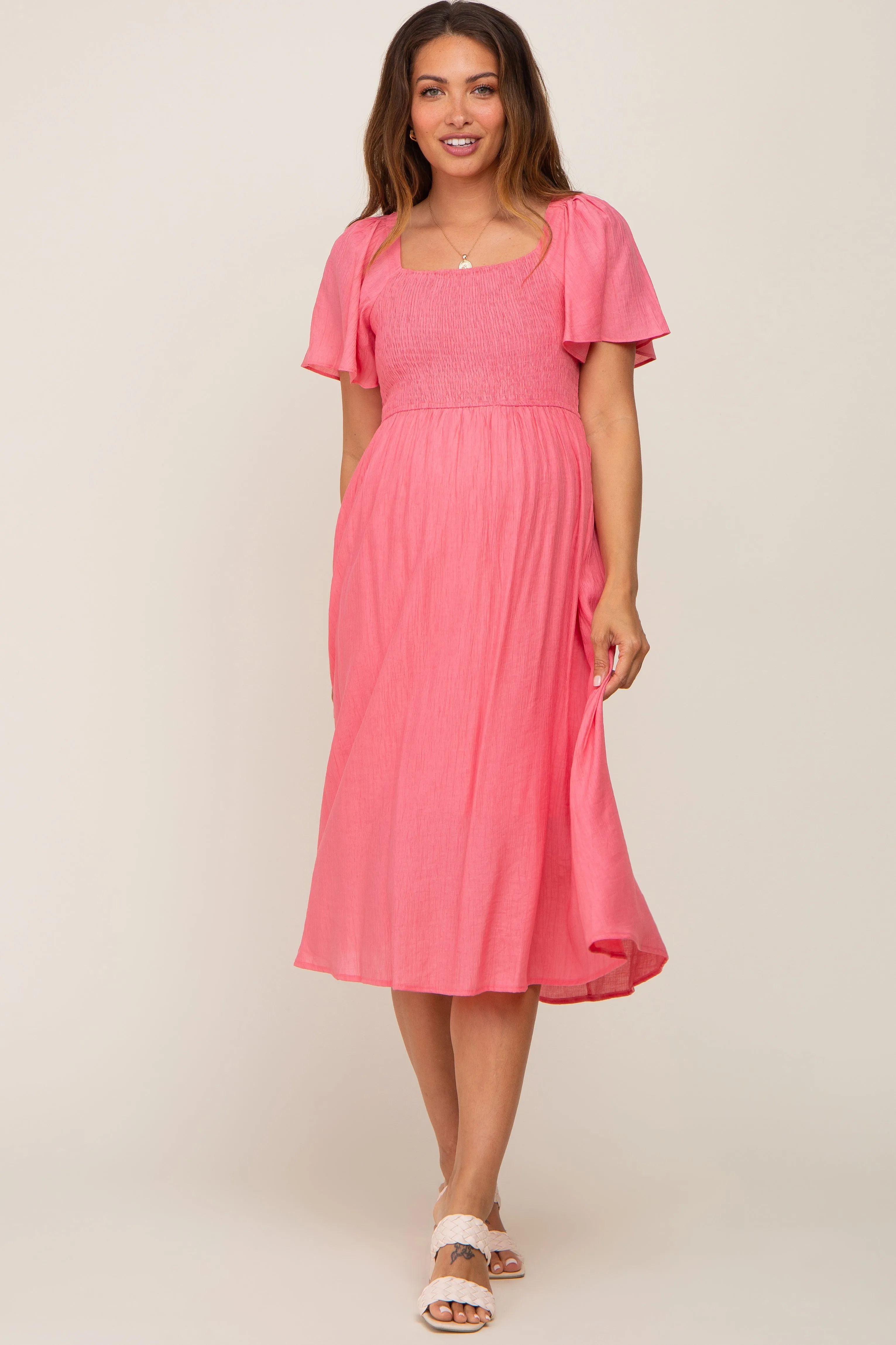 Coral Smocked Square Neck Flutter Short Sleeve Maternity Midi Dress sold by Pinkblush product image thumbnail 4