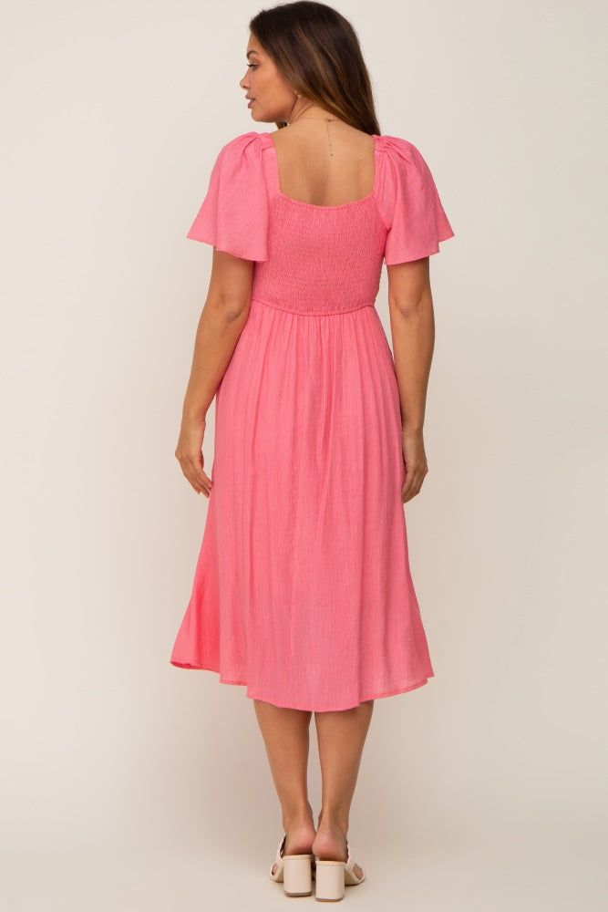 Coral Smocked Square Neck Flutter Short Sleeve Maternity Midi Dress sold by Pinkblush product image thumbnail 3
