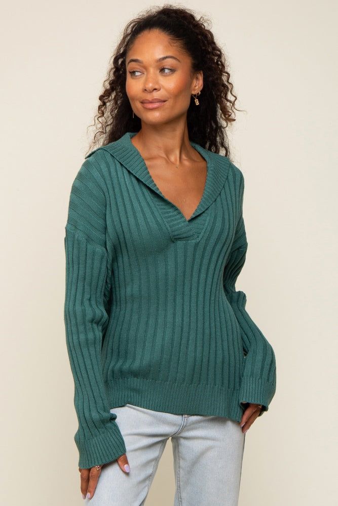 Hunter Green Ribbed Knit Collared Long Sleeve Maternity Top sold by Pinkblush product image thumbnail 5