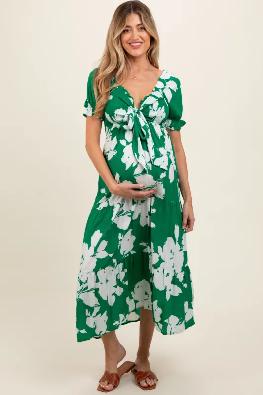 Green Floral Smocked Knotted Top Maternity Maxi Dress sold by Pinkblush
