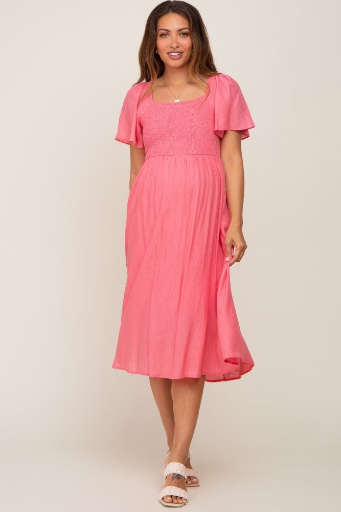 Coral Smocked Square Neck Flutter Short Sleeve Maternity Midi Dress sold by Pinkblush product image thumbnail 4