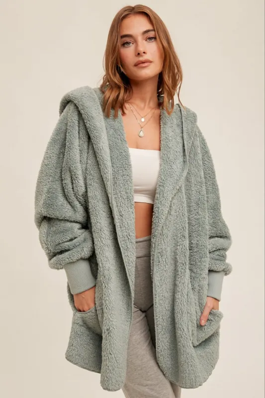 Mint Green Fuzzy Hooded Long Sleeve Jacket sold by Pinkblush