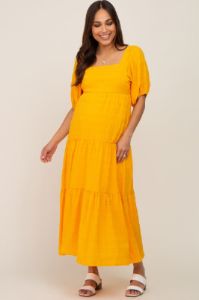 Yellow Textured Stripe Square Neck Tiered Maternity Maxi Dress sold by Pinkblush