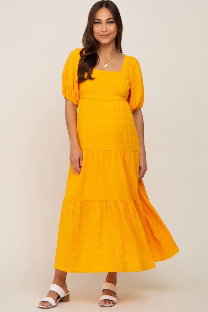 Yellow Textured Stripe Square Neck Tiered Maternity Maxi Dress sold by Pinkblush