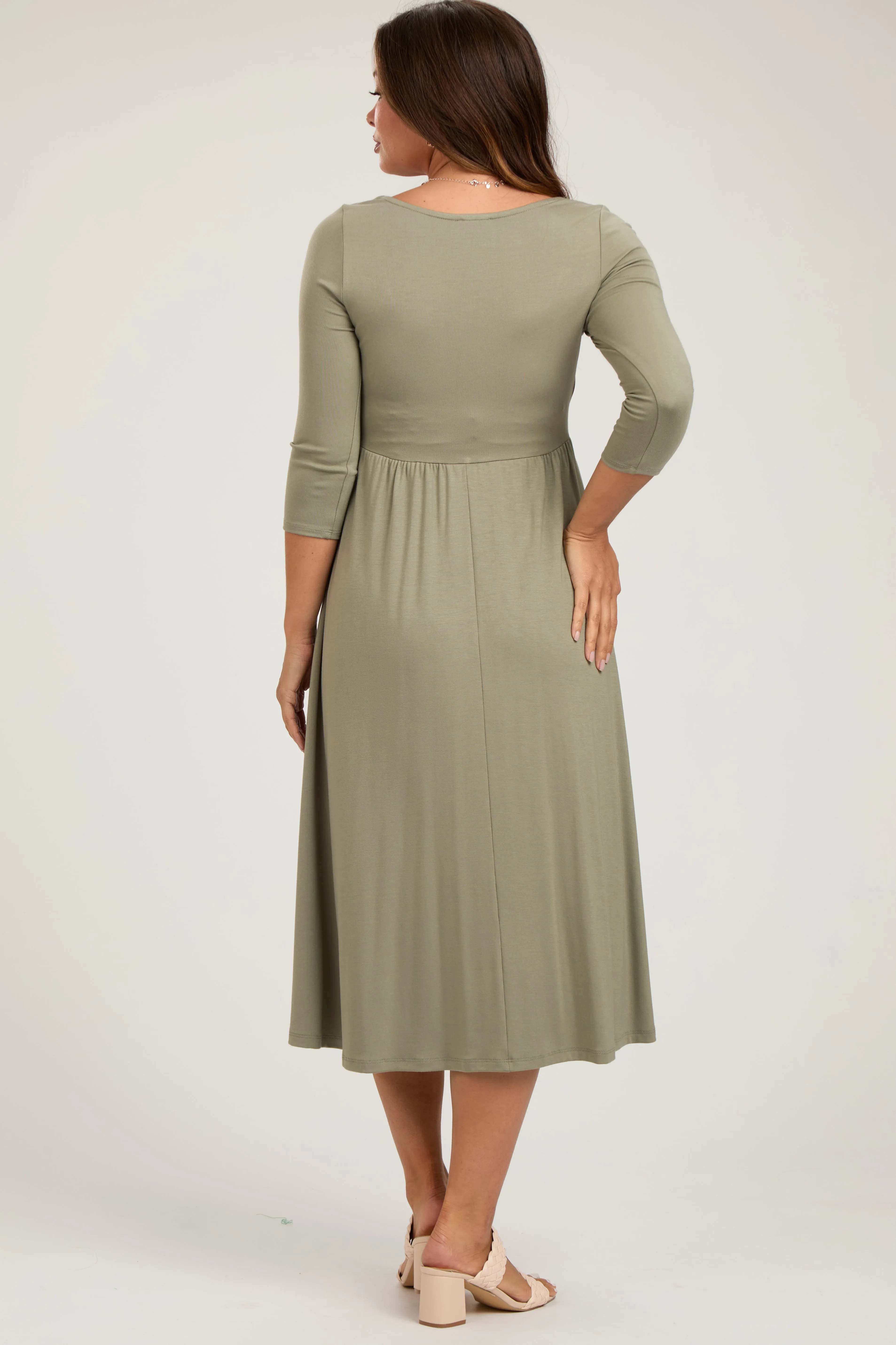 Light Olive Square Neck 3/4 Sleeve Maternity Midi Dress sold by Pinkblush product image thumbnail 3