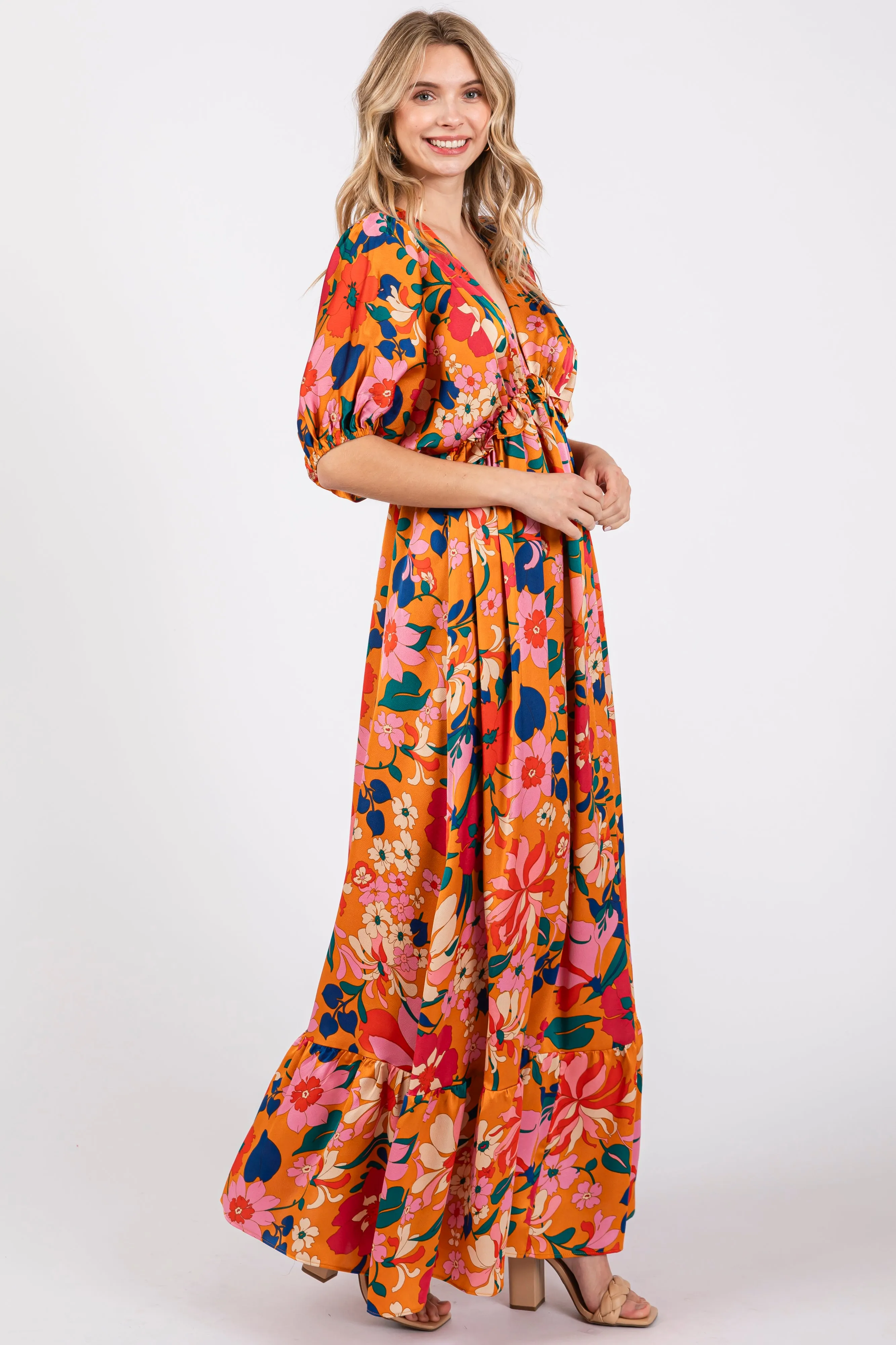 Orange Floral Satin Deep V-Neck Puff Sleeve Maxi Dress sold by Pinkblush product image thumbnail 2